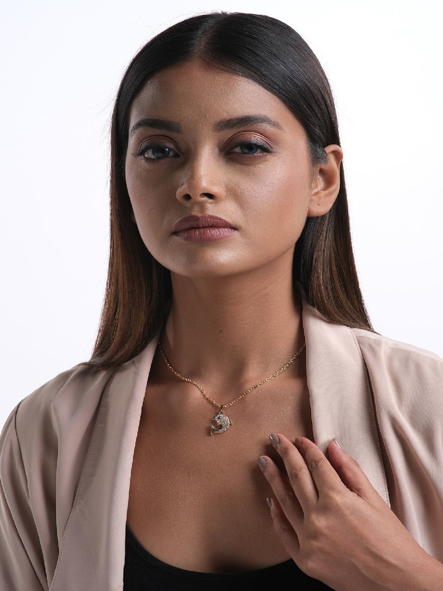 Jewelz Trendsetting Gold Western Necklace With Delicate Dolphin Hanging Charm for Women