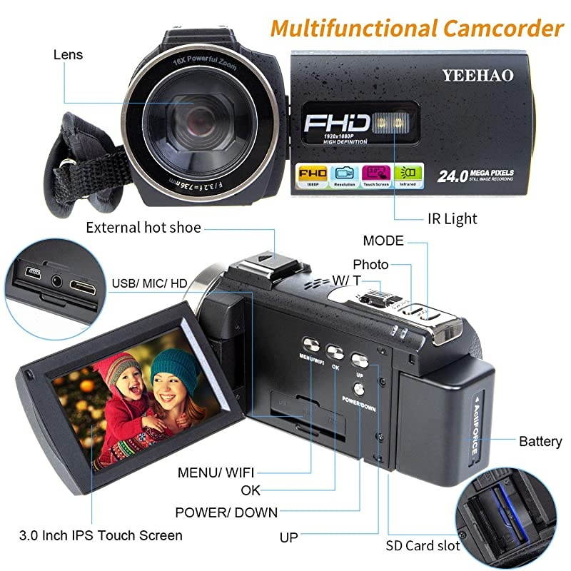 Camcorder Video Camera  WiFi HD 1080P 24MP 16X Powerful Digital Zoom Camera with Microphone and Wide Angle Lens Remote Control Lens Hood Infrared Night Vision YouTube Vlogging Camera Recorder