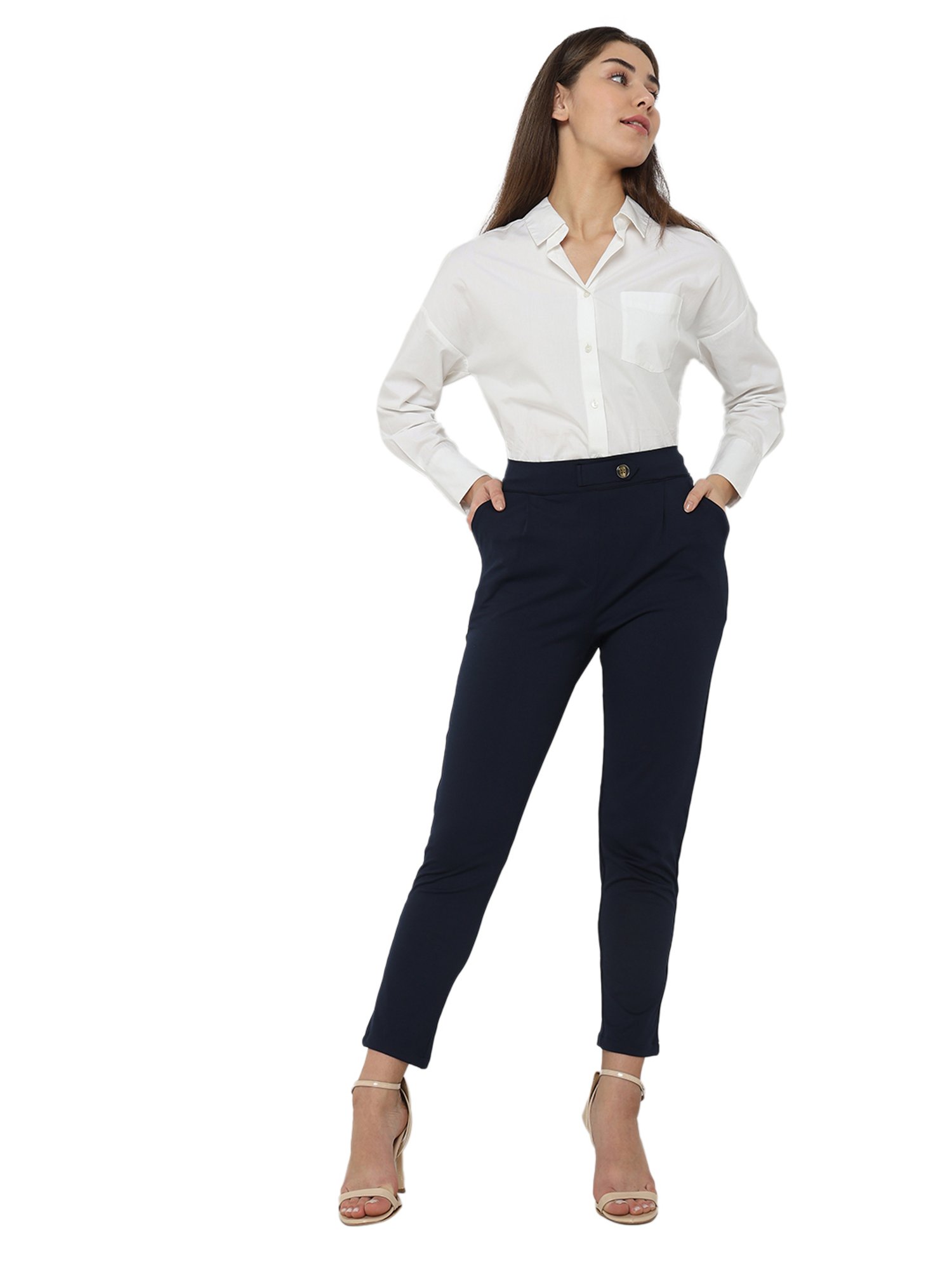 Smarty Pants Navy Cotton Lycra Slim Fit High Rise  Trousers