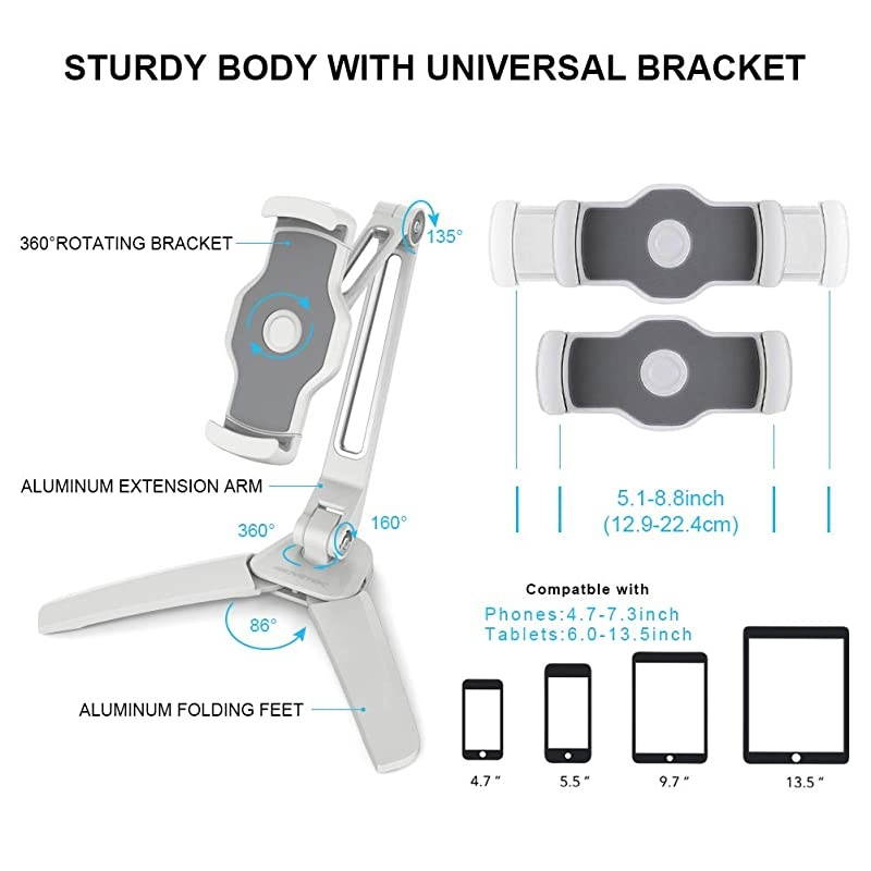 Kitchen Tablet Stand HIGHFlex 360 Superior Strength Portable 47 to 135 Inch Universal Tablet Stand amp Phone Holder for Kitchen Counter amp Wall 4 PT Wobble Free Mount White