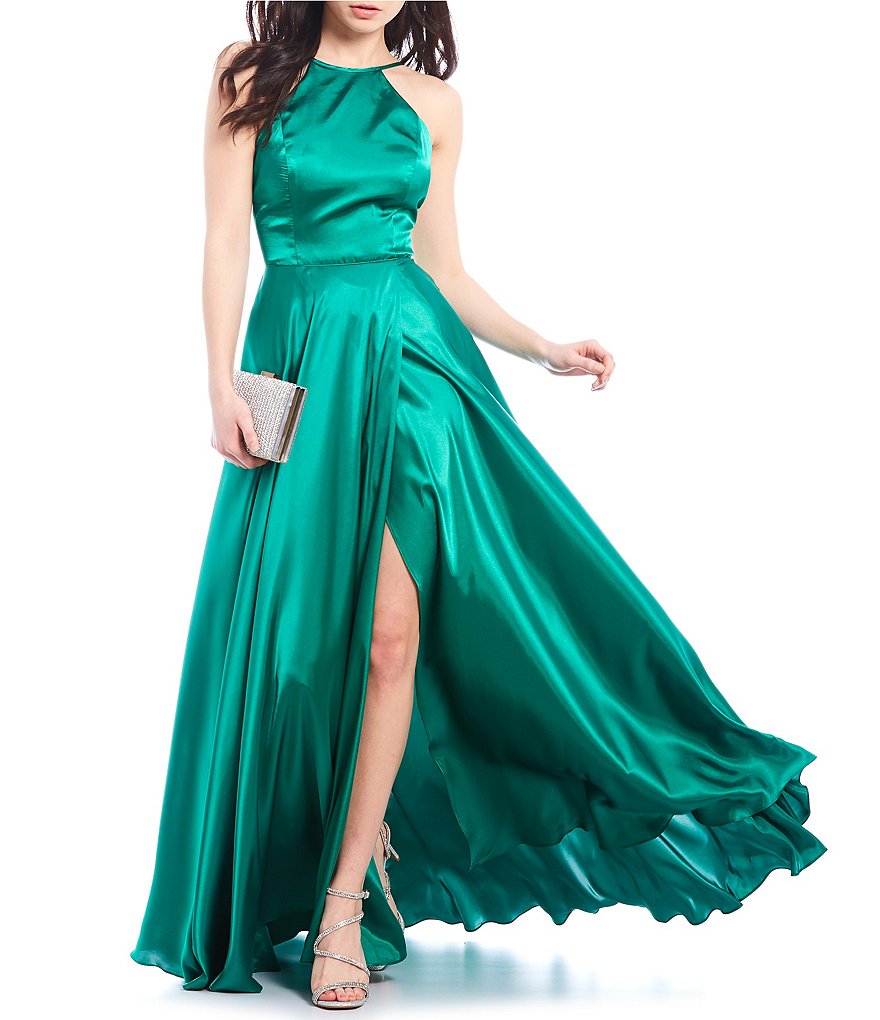 Blondie Nites Halter Neck Lace-Up Back Side Slit Satin Long Dress
