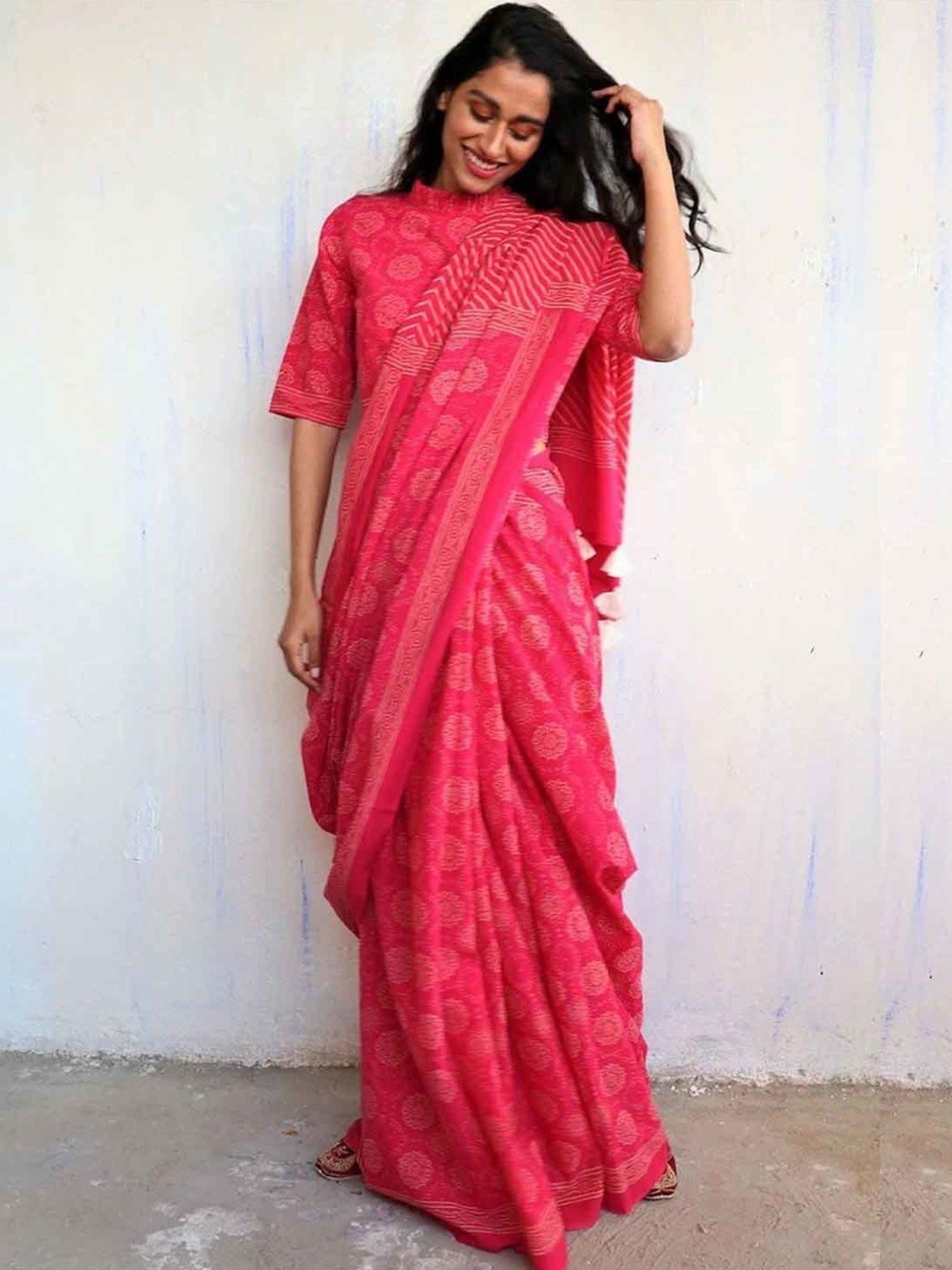 Chidiyaa Rani Pink Block Printed Cotton Mulmul Saree - Butterfly Girls