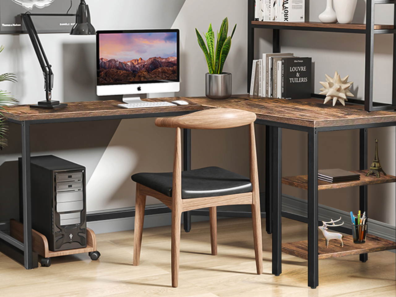 54.3 inch L-Shaped Computer Desk Corner Desk, Office Study Workstation with Shelves, Space-Saving, Easy to Assemble, Rustic Brown