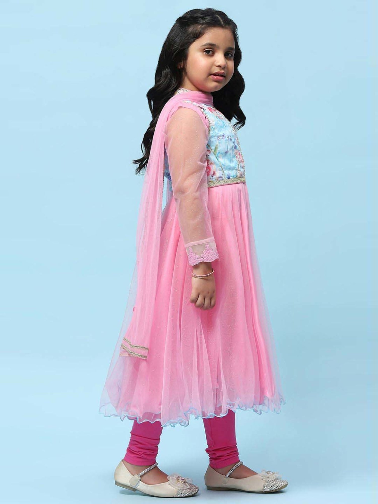 BIBA Girls Kids Pink Printed Full Sleeves Kurti, Churidar, Dupatta & Jacket