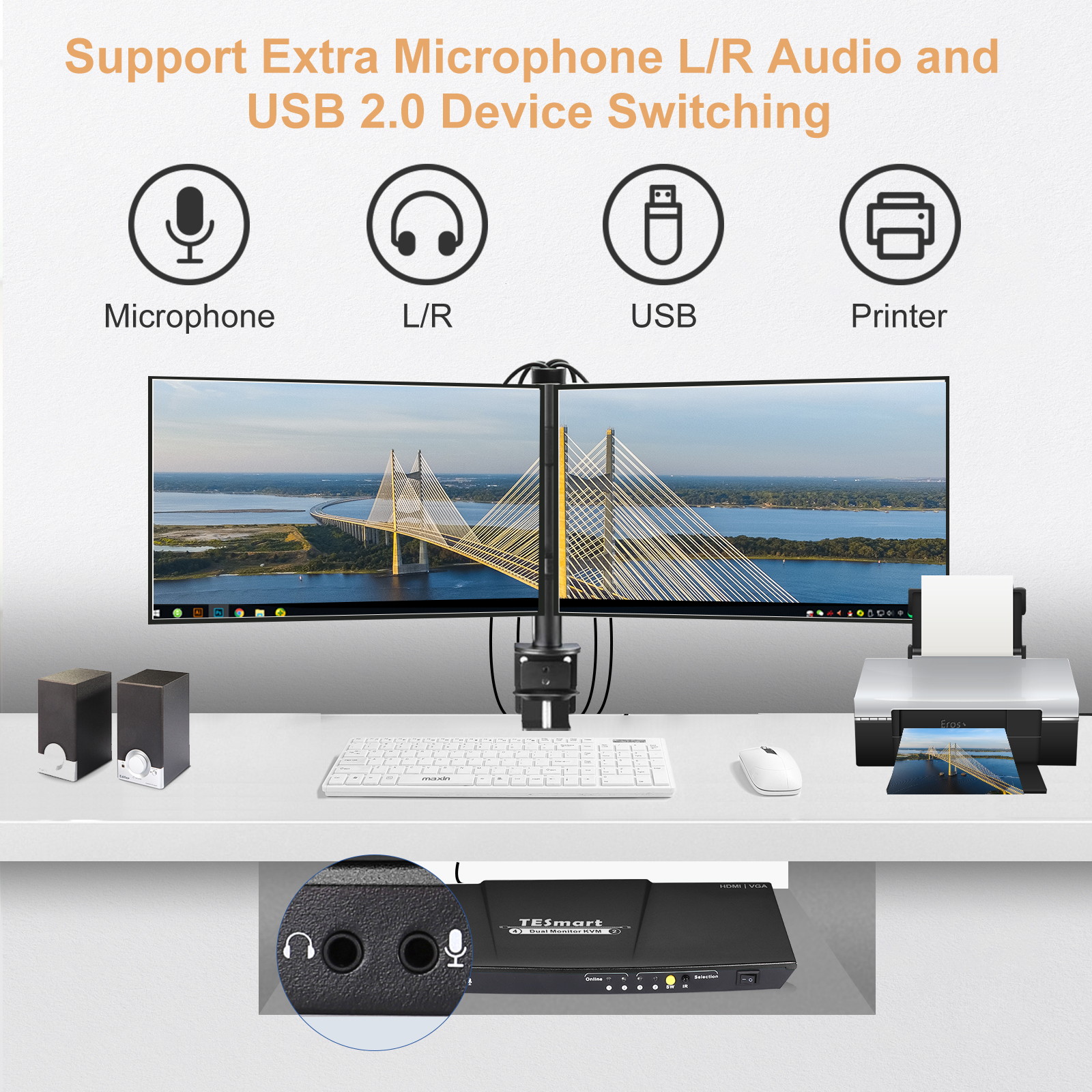 TESmart KVM Switches Dual Monitors 2x2 (VGA + USB) Port KVM Switch 4K 60Hz Control 2  Devices and 2 Monitors with 2 pcs HDMI KVM Cables