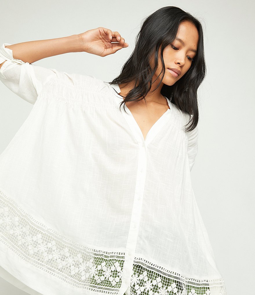 Free People Green Gardens Banded Notch Neckline Roll-Tab Sleeve Lace Hem Button Front Tunic