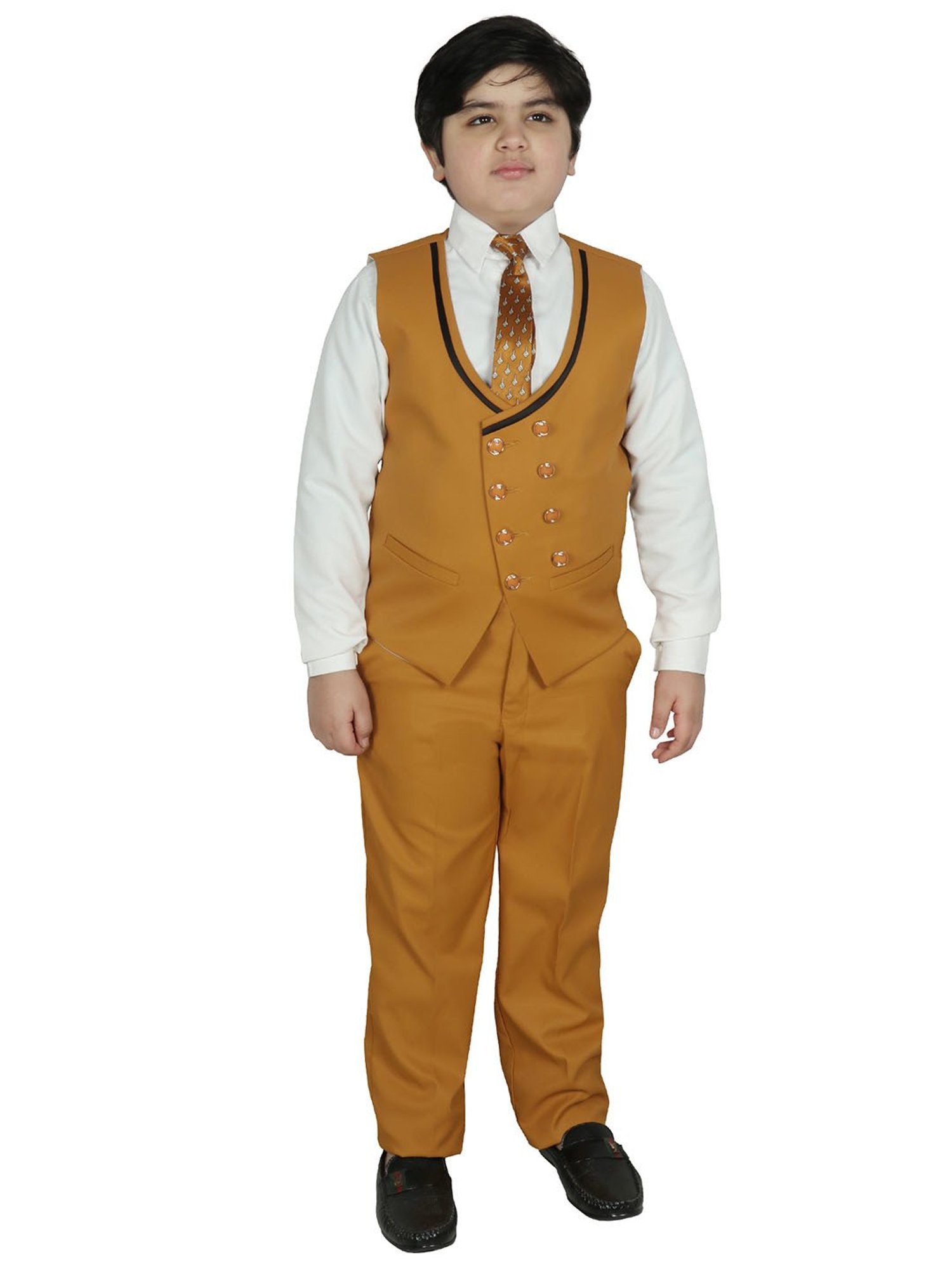 SG Yuvraj Kids Mustard Solid Full Sleeves Shirt, Waistcoat, Coat, Pants with Tie