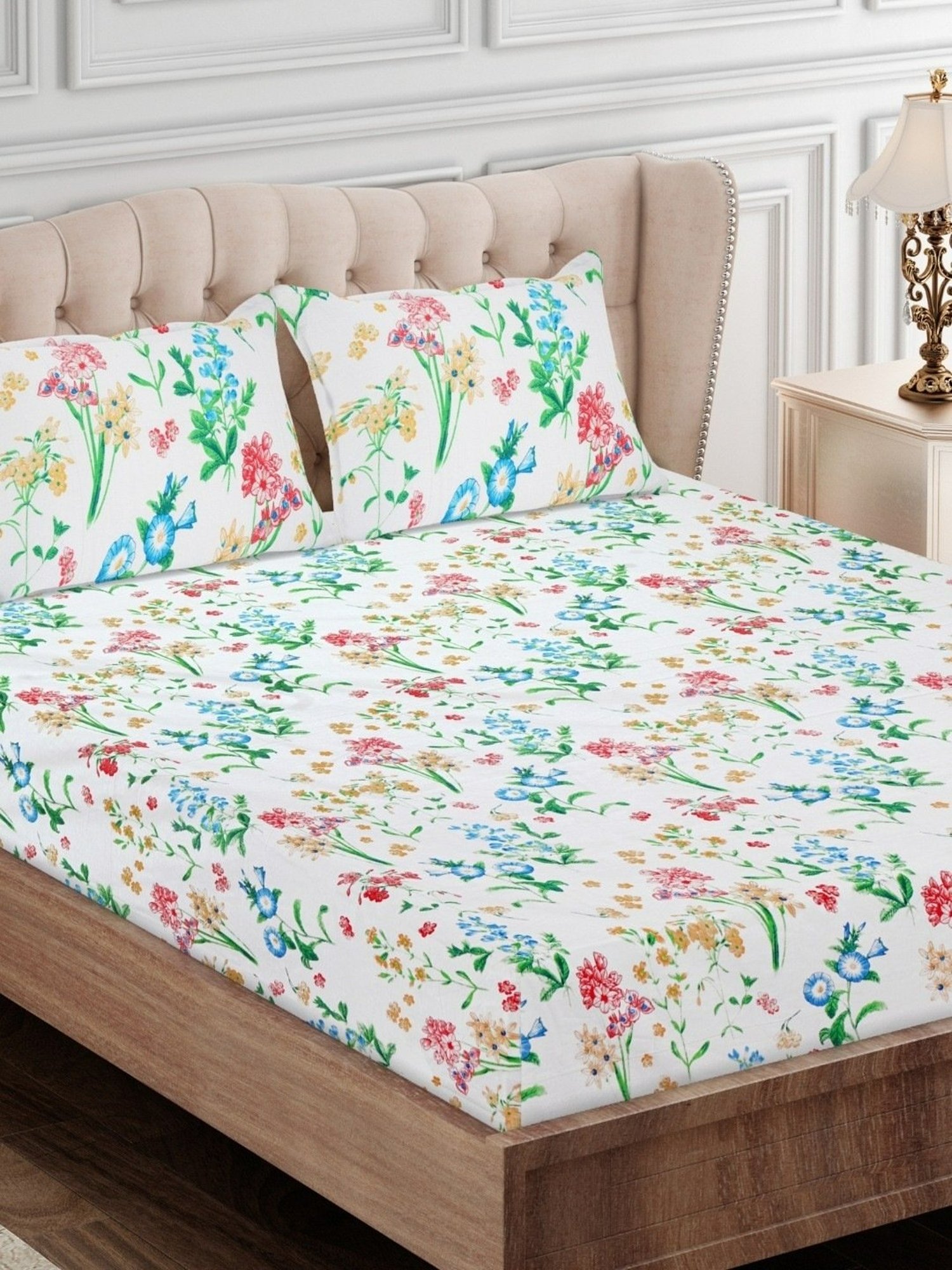 SEJ by Nisha Gupta Floral Blue 160 TC Cotton Double Bed Sheet with 2 Pillow Covers