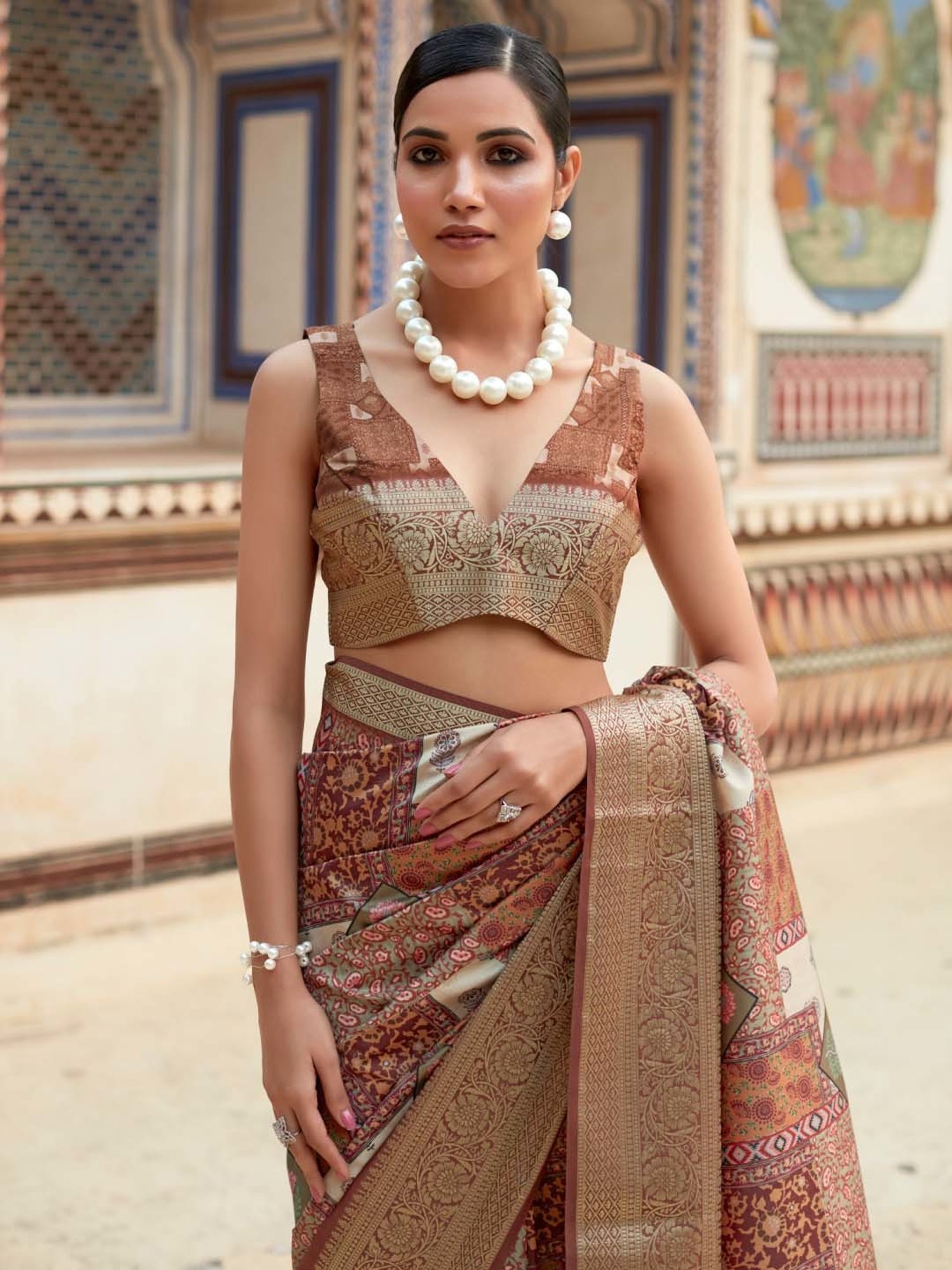 Saree Mall Beige Silk Printed Saree With Unstitched Blouse