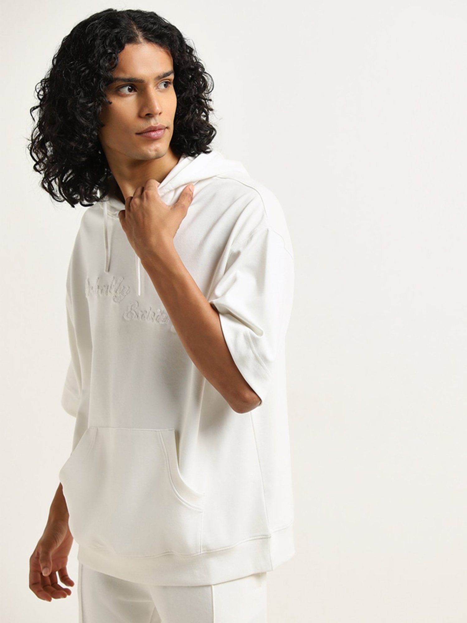 Studiofit by Westside Off-White Text Design Relaxed-Fit Hooded T-Shirt