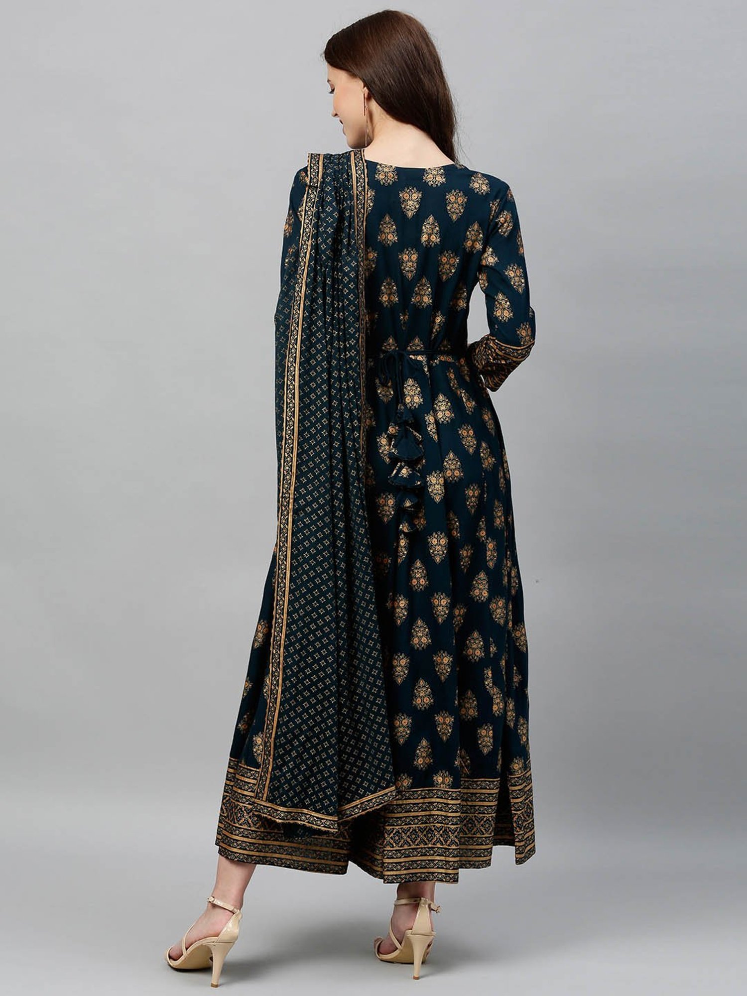 Kipek Teal Rayon Printed Anarkali Kurta with Dupatta