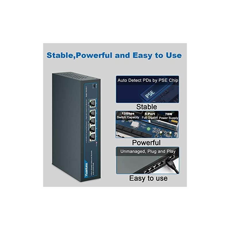 5 Port Gigabit PoE Switch with 4 Port PoE+ 1000Mbps 8023afat 78W Builtin Power Fanless Metal Unmanaged Plug Play
