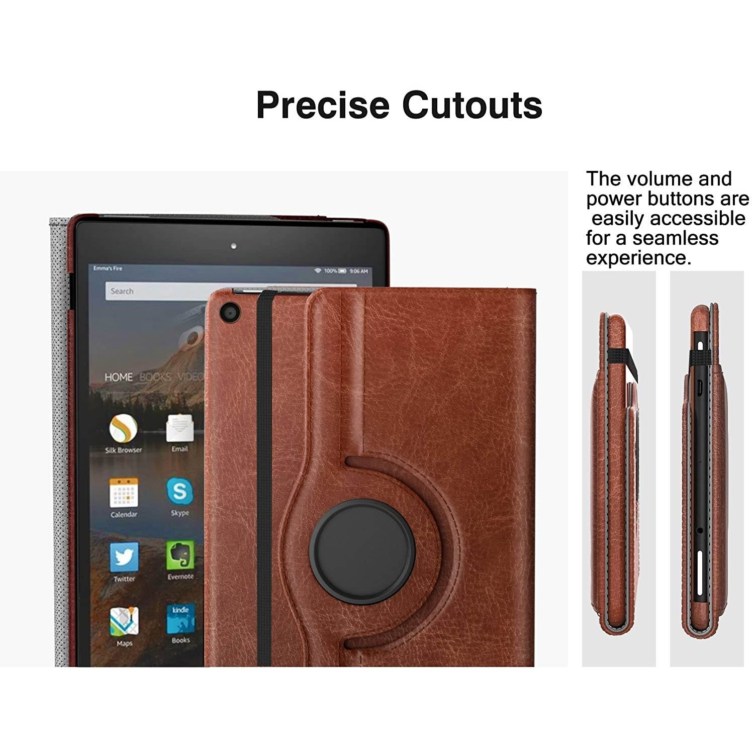 MoKo Case for All-New Amazon Fire HD 10 Tablet (7th Generation/9th Generation, 2017/2019 Release) - 360 Degree Rotating Swivel Stand Cover with Auto Wake/Sleep for Fire, Brown