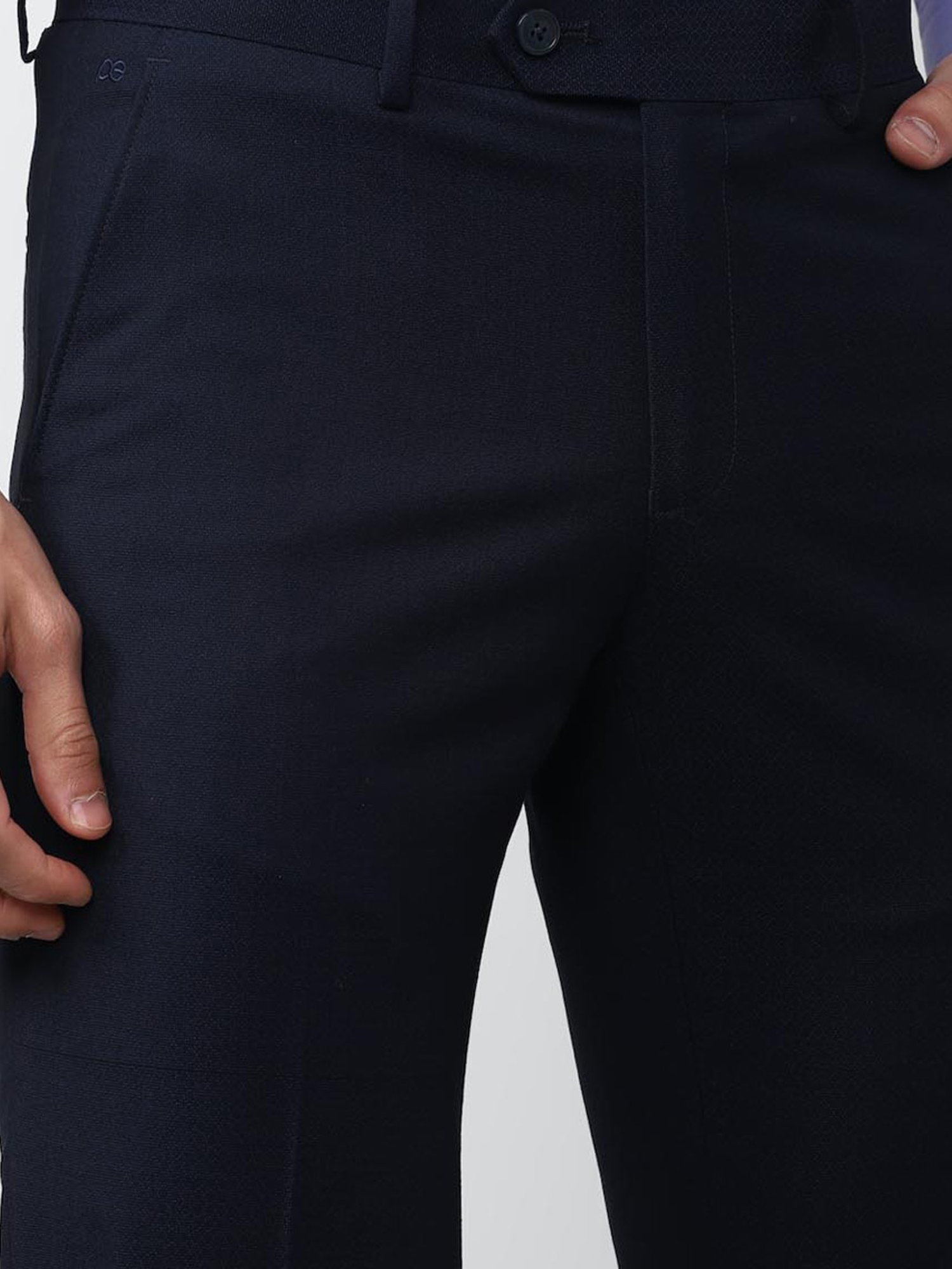 Peter England Elite Navy Slim Fit Self Pattern Trousers