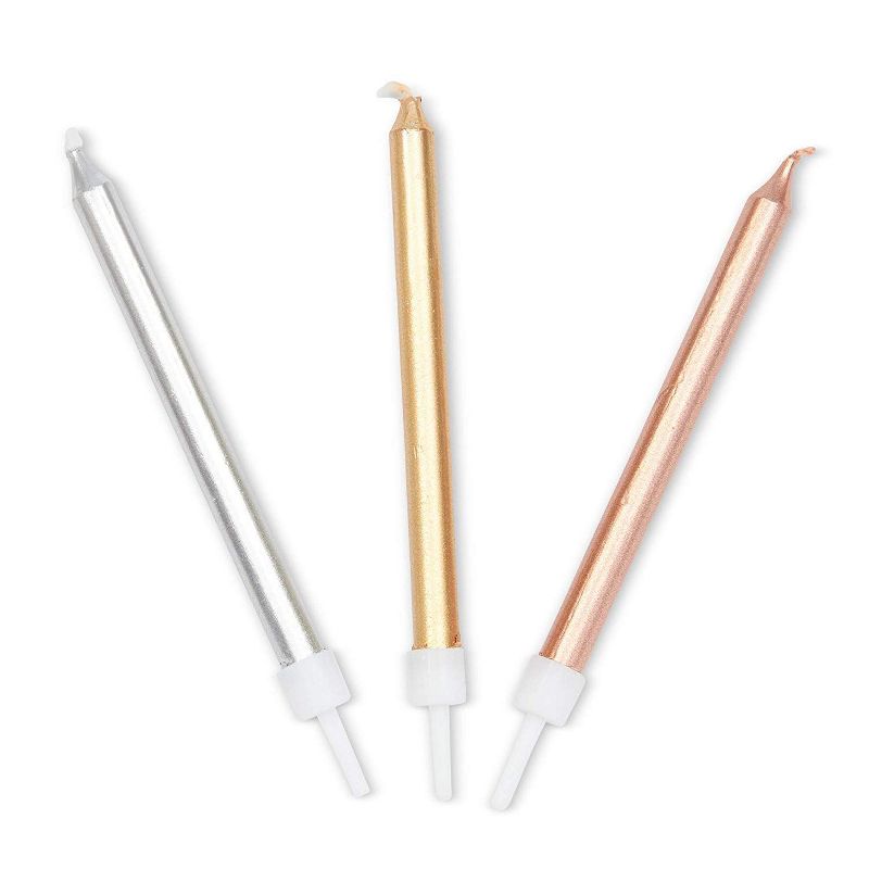 Blue Panda 72 Pack Metallic Long Thin Birthday Cake Candles 3-Inch with Holders - Silver, Gold, Rose Gold