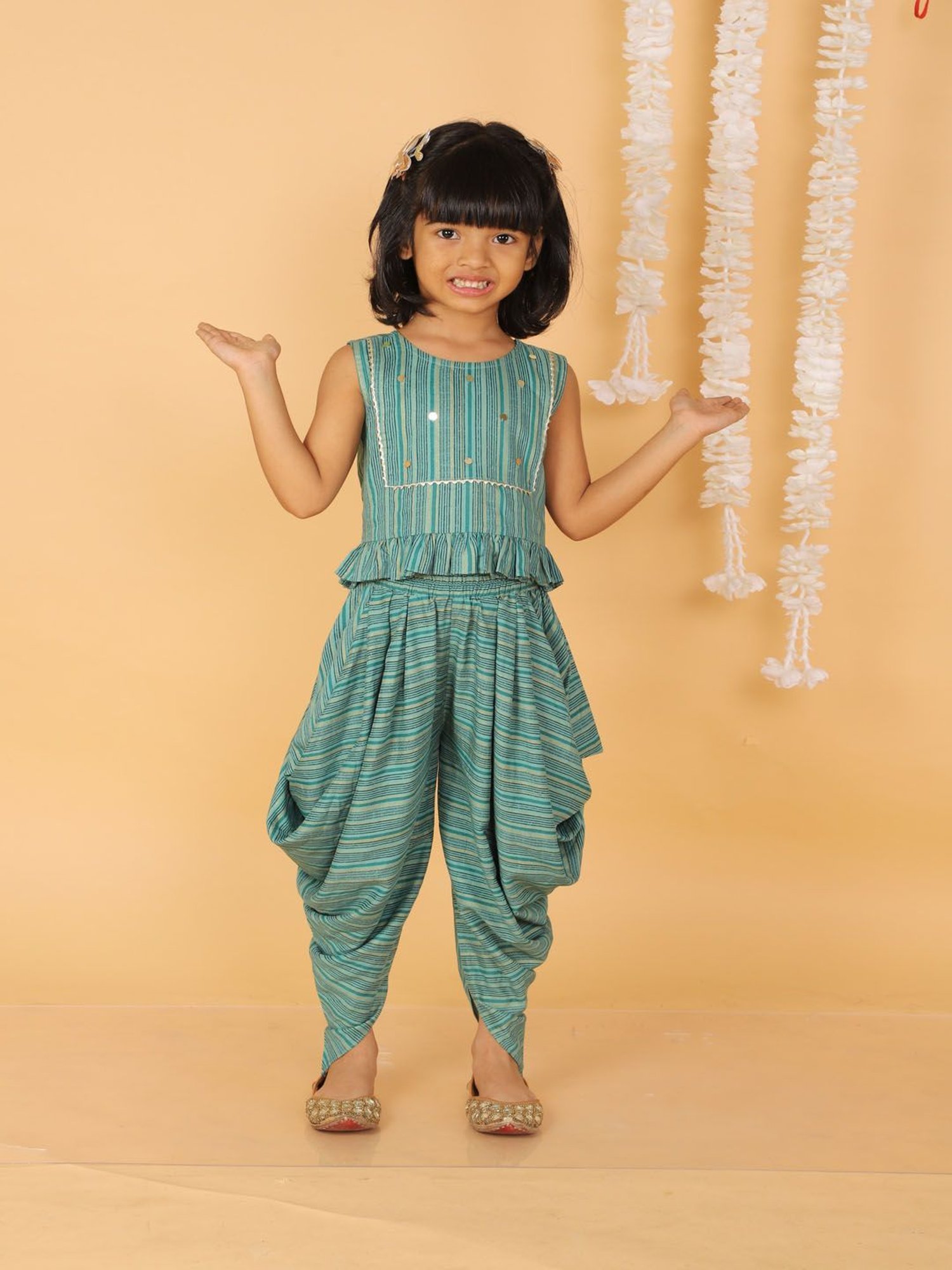 Lil Drama Kids Green Striped Top with Dhoti