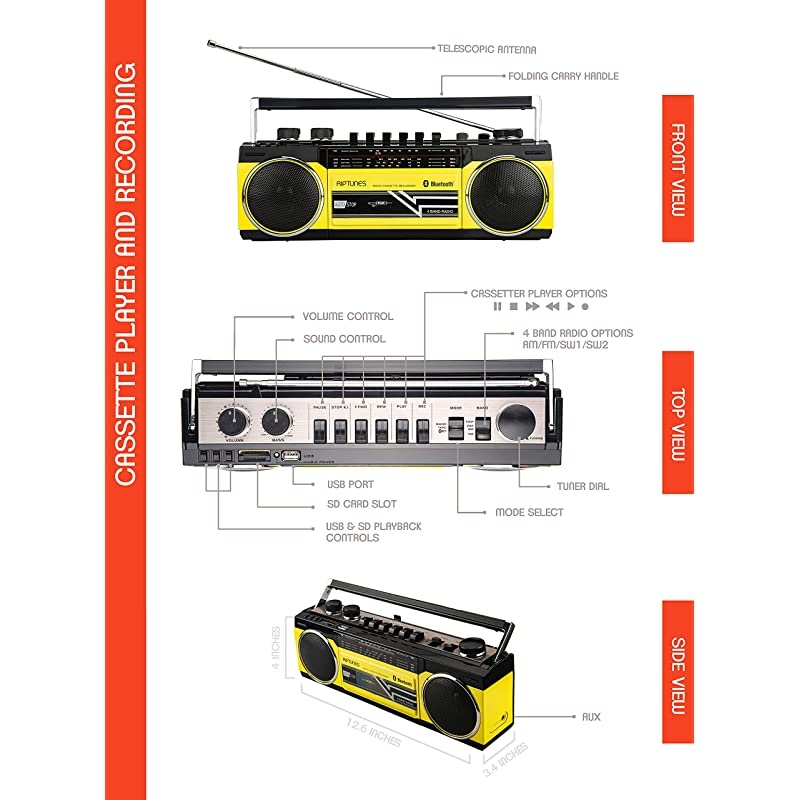 Cassette Boombox Retro Blueooth Boombox Cassette Player and Recorder AMFM SW1SW2 Radio4Band Radio USB and SD Yellow