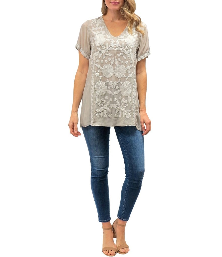 Karyn Seo Martina Tonal Embroidery V-Neck Short Sleeve Top