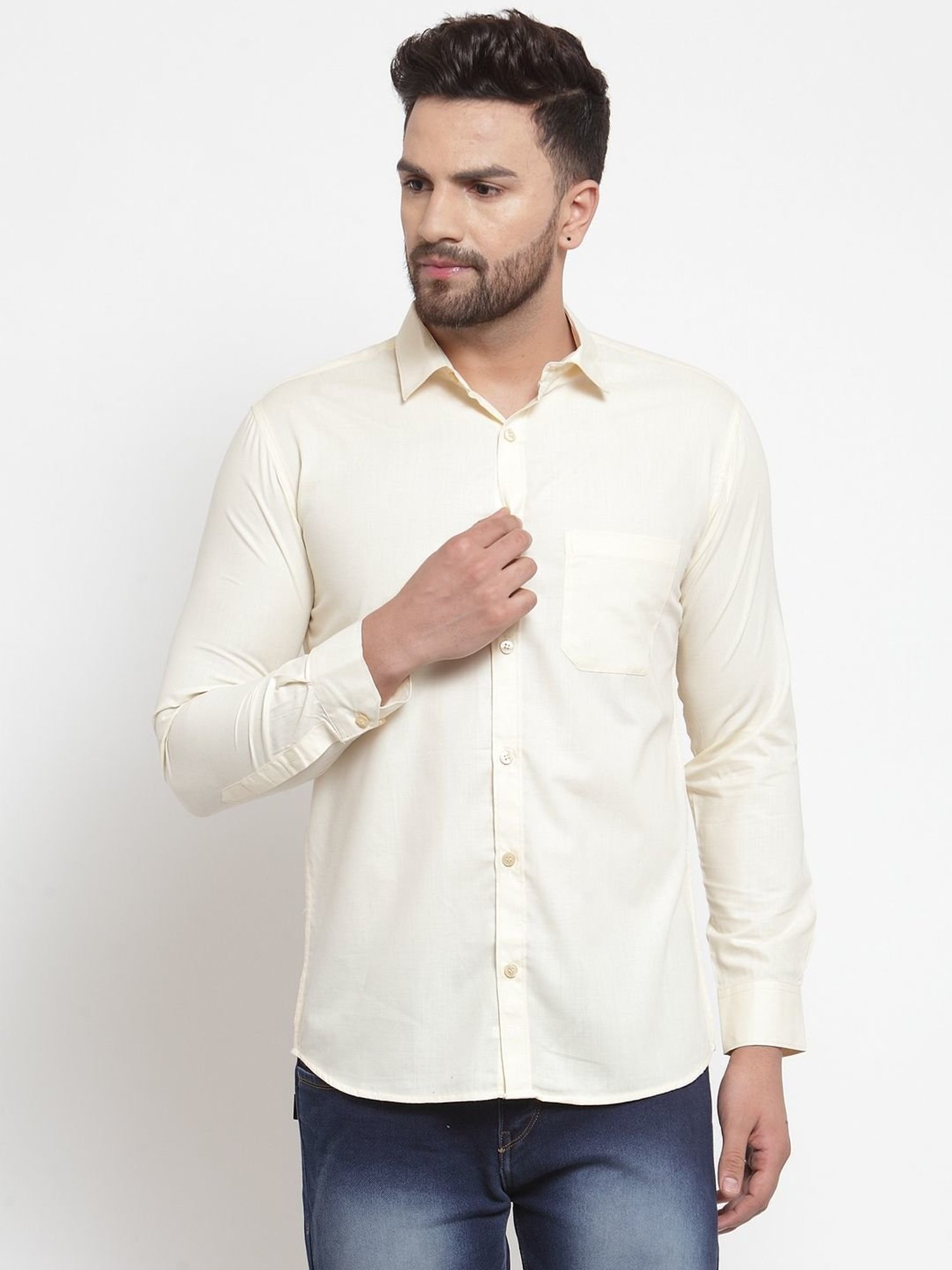 Jainish Cream Cotton Regular Fit Shirt