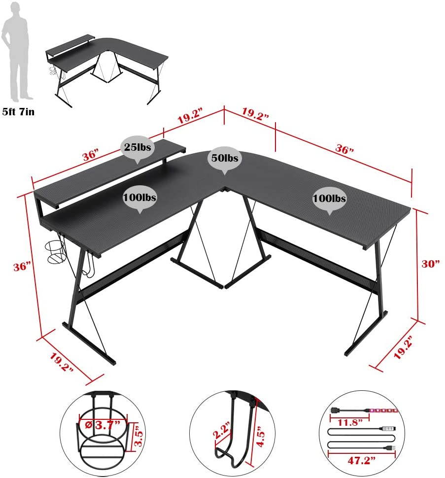 Bestier 55.2" Gaming Desk Racing Style PC Computer Desk L-Shaped Desk Corner Home Office Table with Ergonomic Monitor Stand & RGB Strip Light & Multifunctional Hook (Black Carbon Fiber)