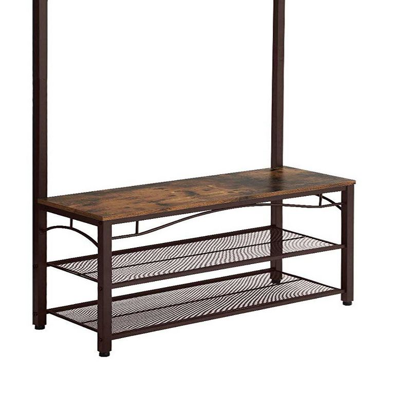 Metal Framed Coat Rack with Wooden Bench and Two Mesh Shelves Brown and Black - Benzara