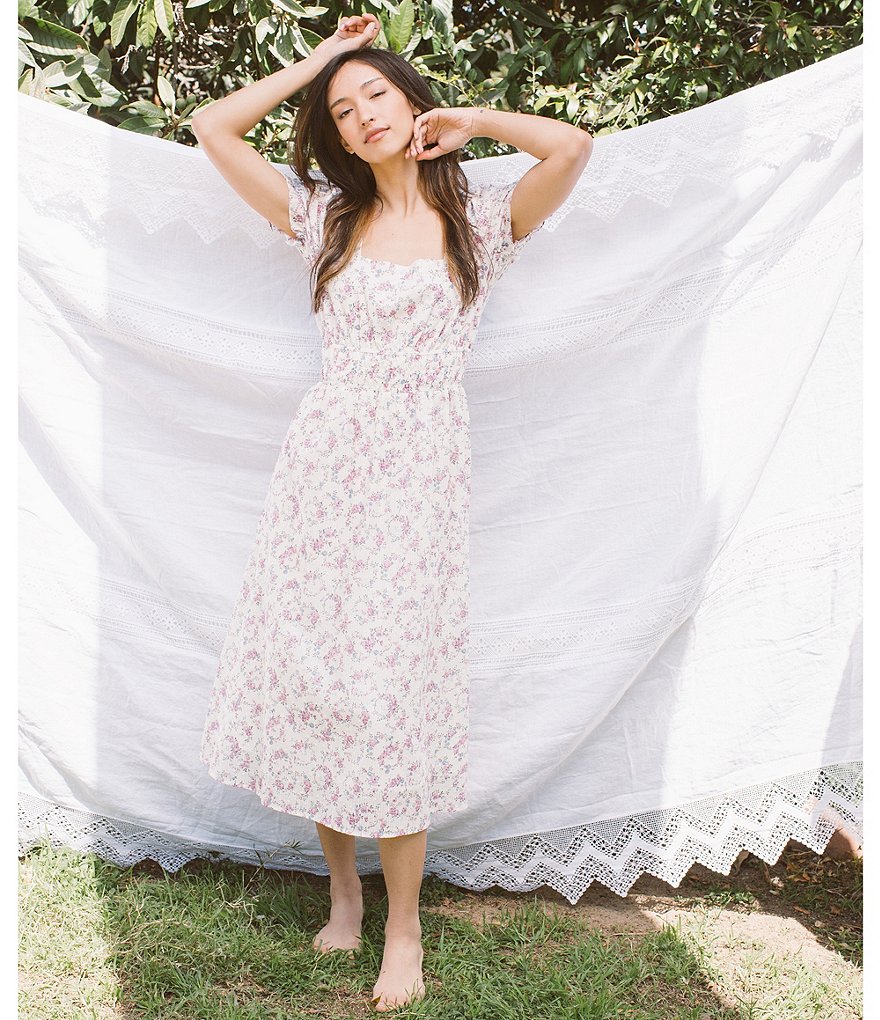 Shabby Chic Freya Floral Clip Dot Square Neck Puff Sleeve Midi Dress