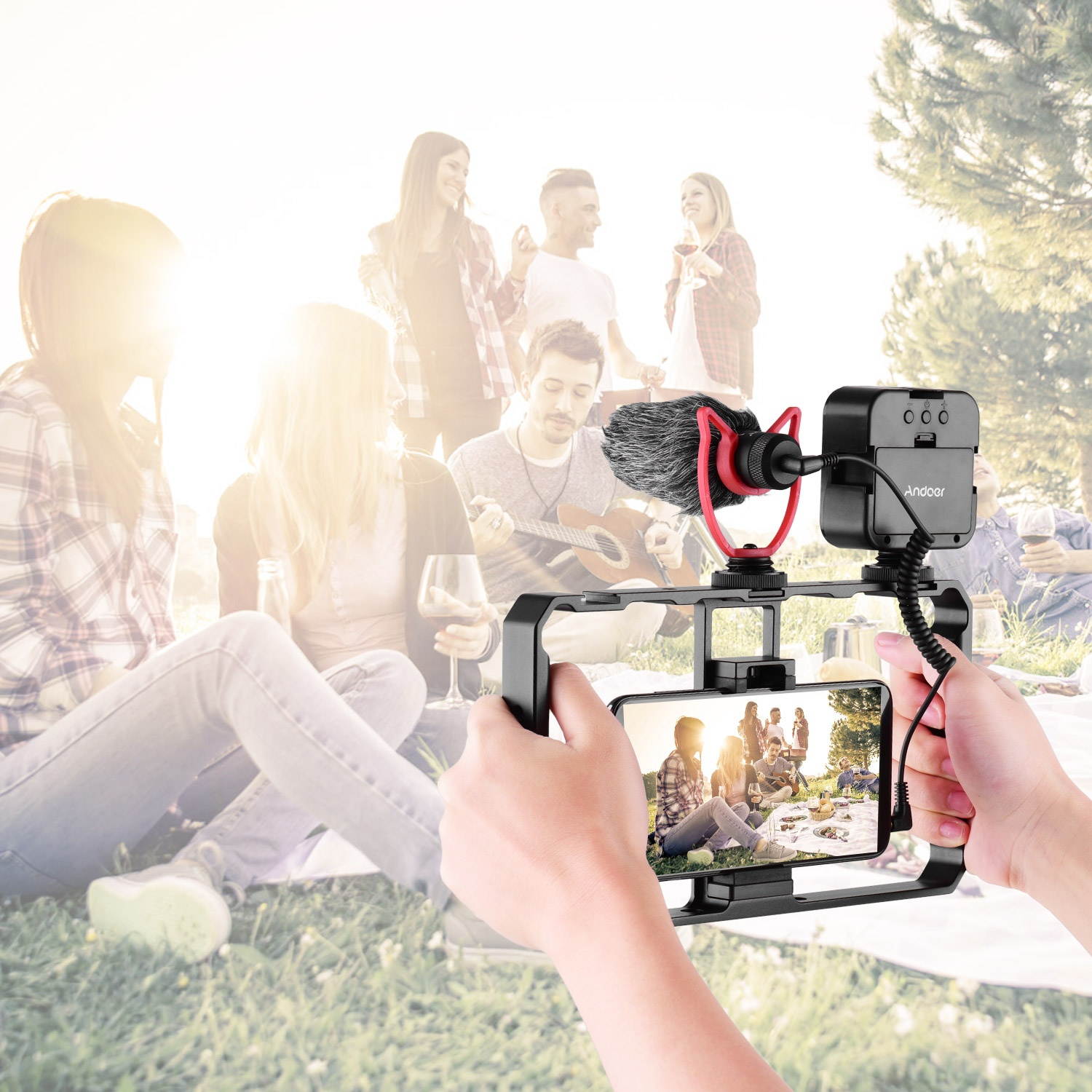 Andoer Smartphone Video Rig Grip with Rig LED Light Microphone with Shock Mount for Vlog Film-making Compatible with iPhone Samsung HUAWEI