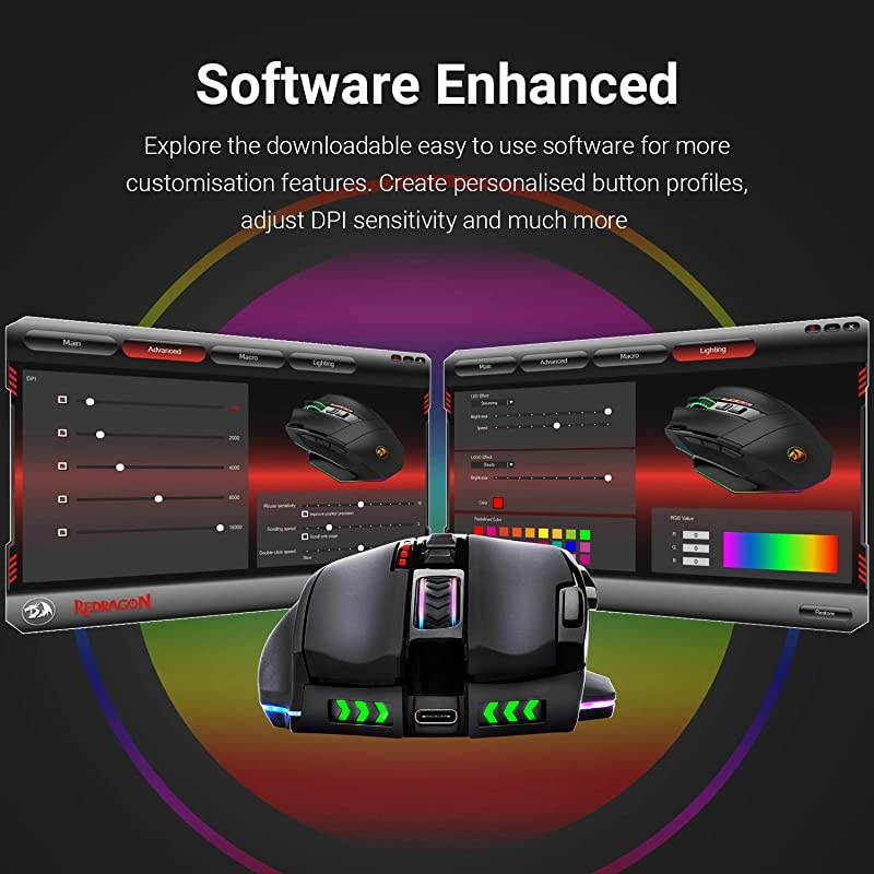 M801 PC Gaming Mouse LED RGB Backlit MMO 9 Programmable Buttons Mouse with Macro Recording Side Buttons Rapid Fire Button for Windows Computer Gamer Wireless Black