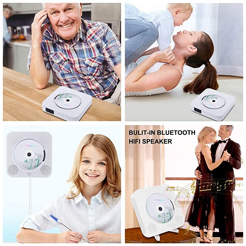 CD Player with Bluetooth, Wall Mounted CD Player with Remote Control Built-in HiFi Speakers FM Radio, Music CD Player Support SD Card USB Playing 3.5mm Headphones AUX in/Out (CD Player)