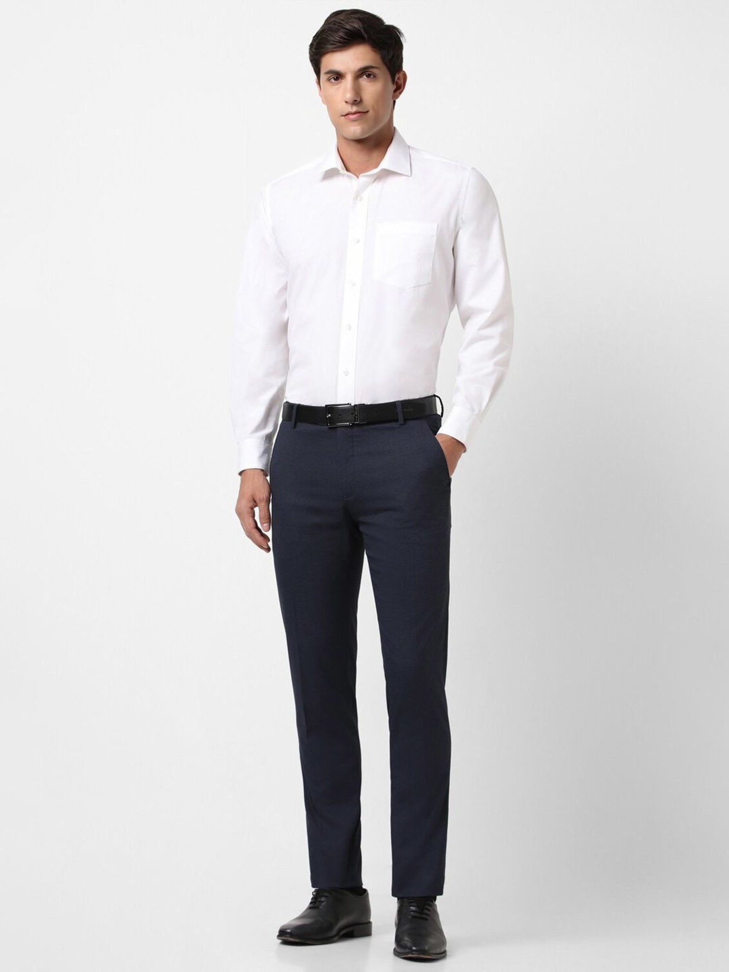 Peter England Navy Slim Fit Checks Trousers