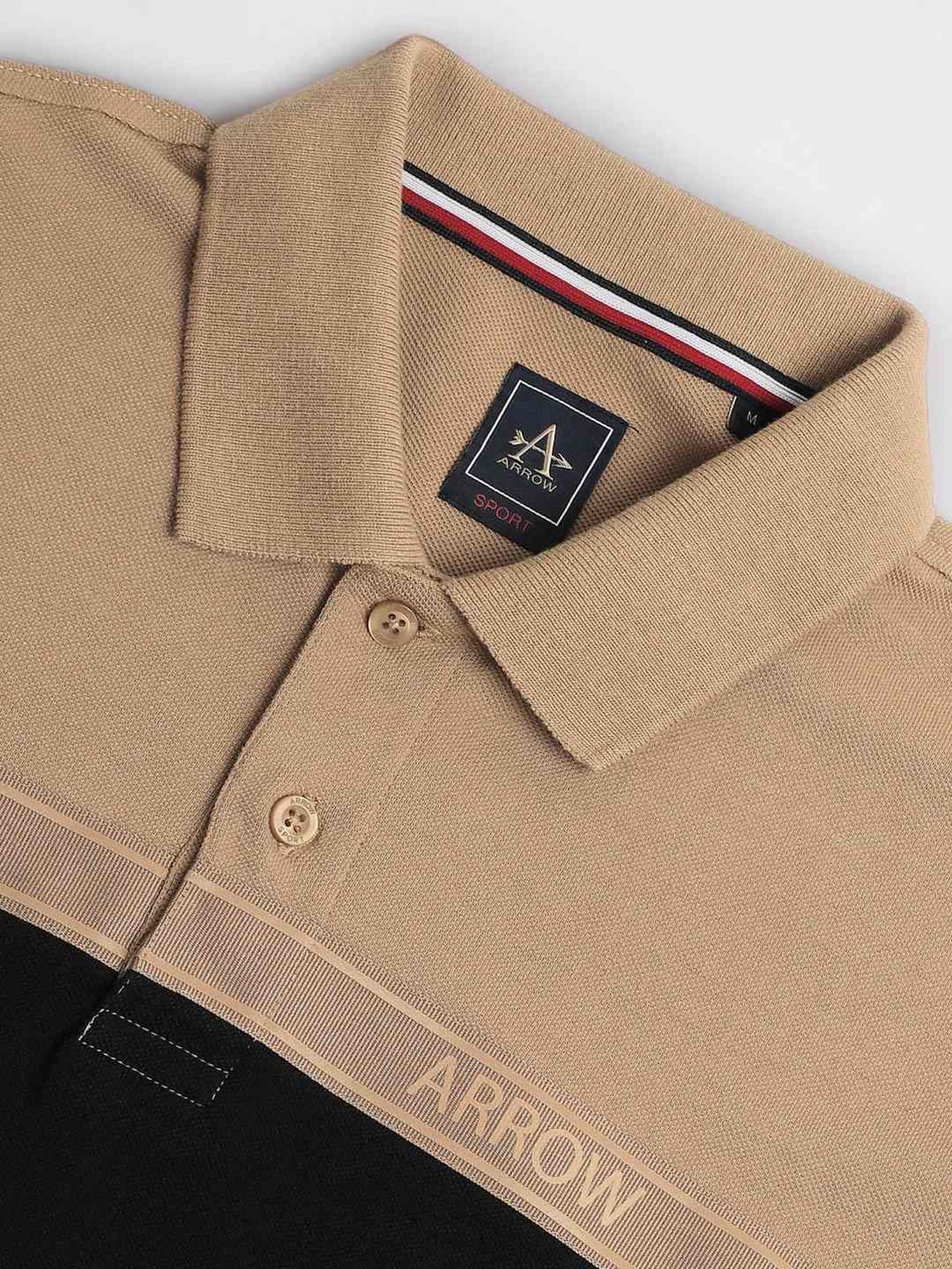 Arrow Sports Black Cotton Regular Fit Colour Block Polo T-Shirt