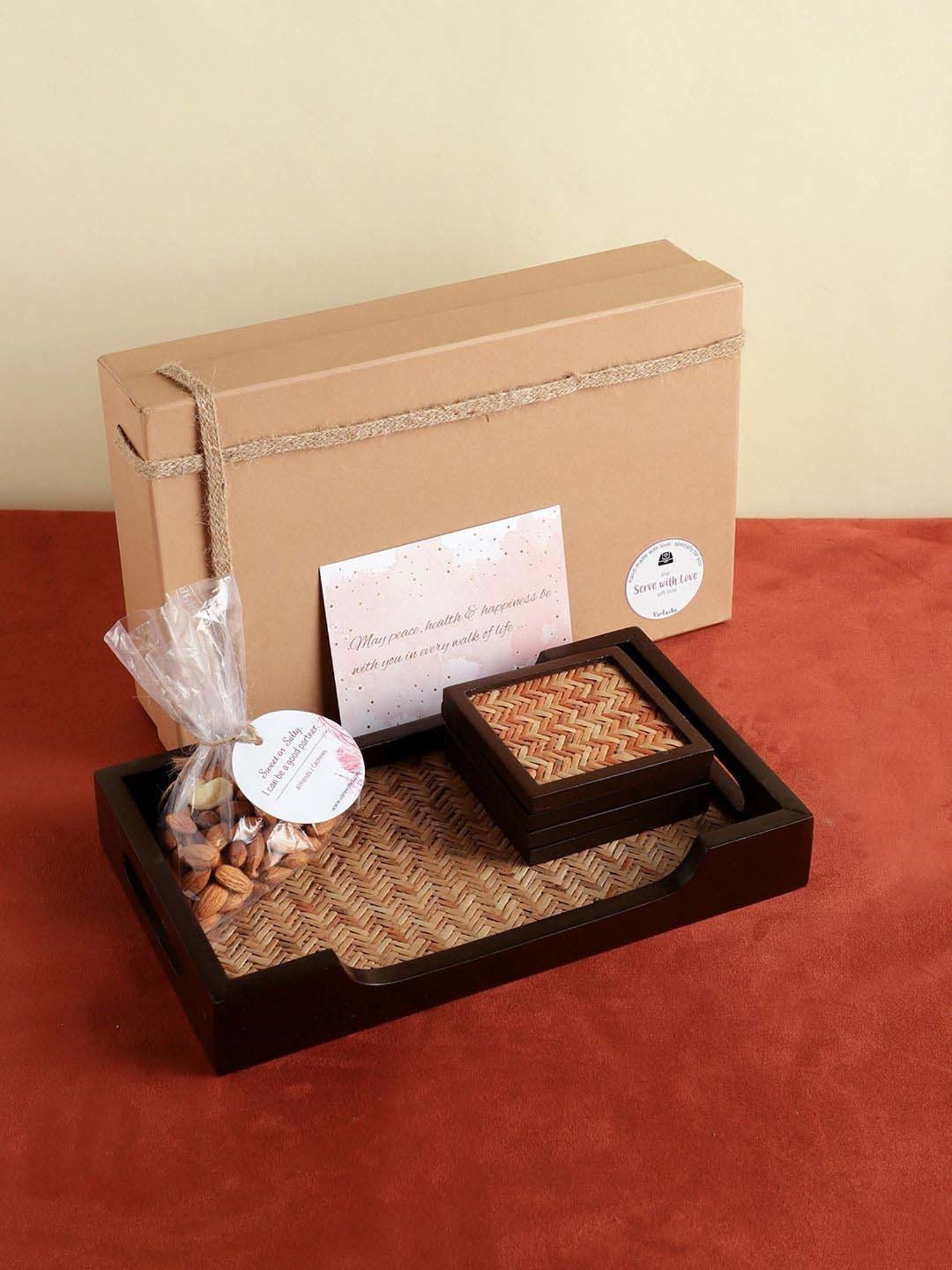 VarEesha Serve With Love Brown Wood Tray with Coaster - Set of 5