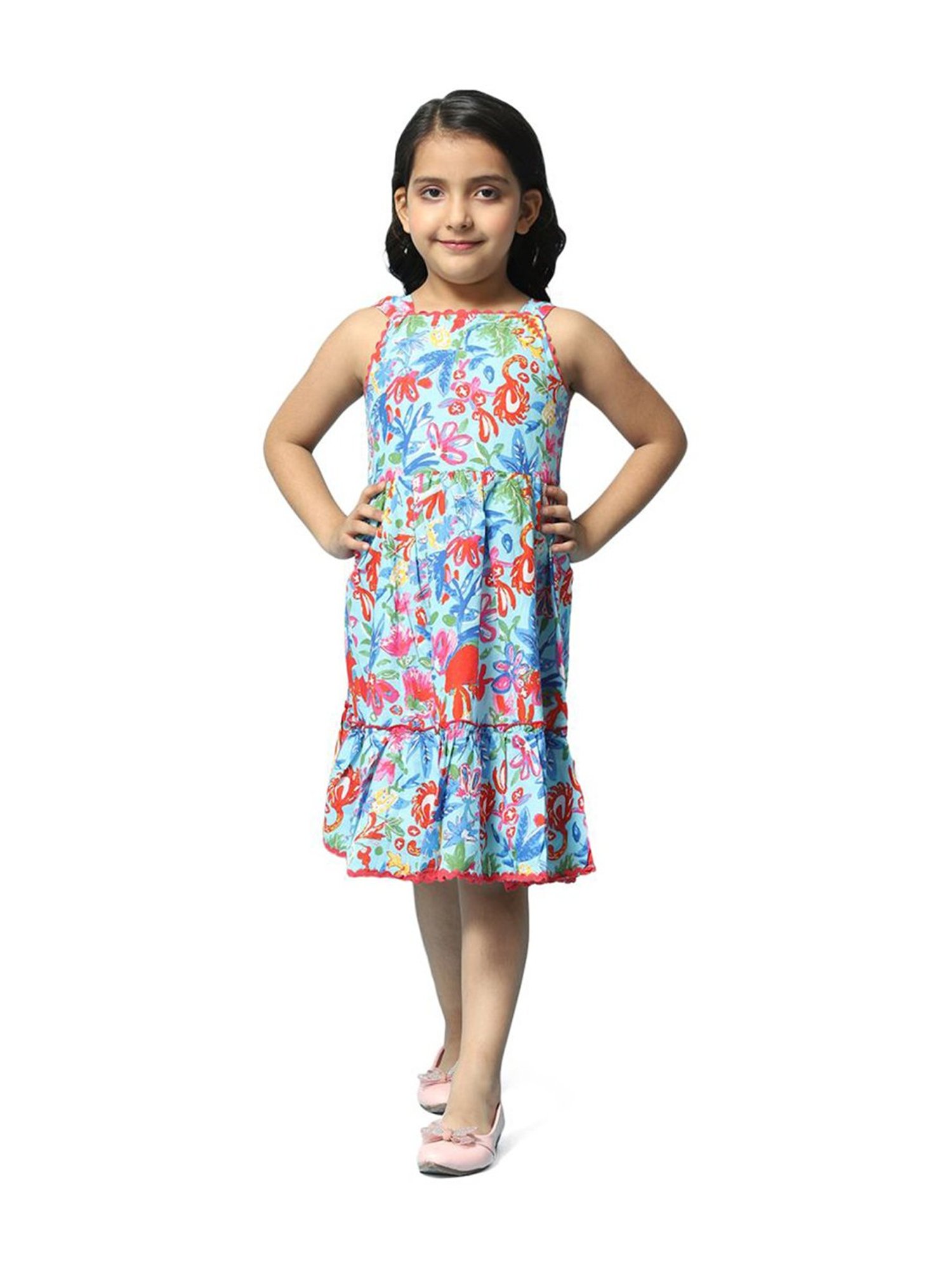 BIBA Girls Blue & Red Cotton Printed Dress