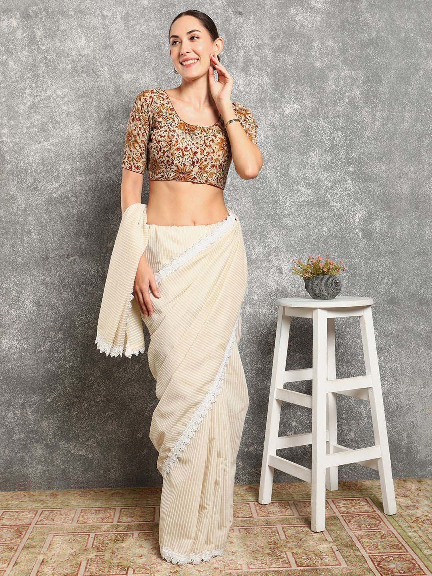 Salwar Studio Beige Cotton Printed Blouse