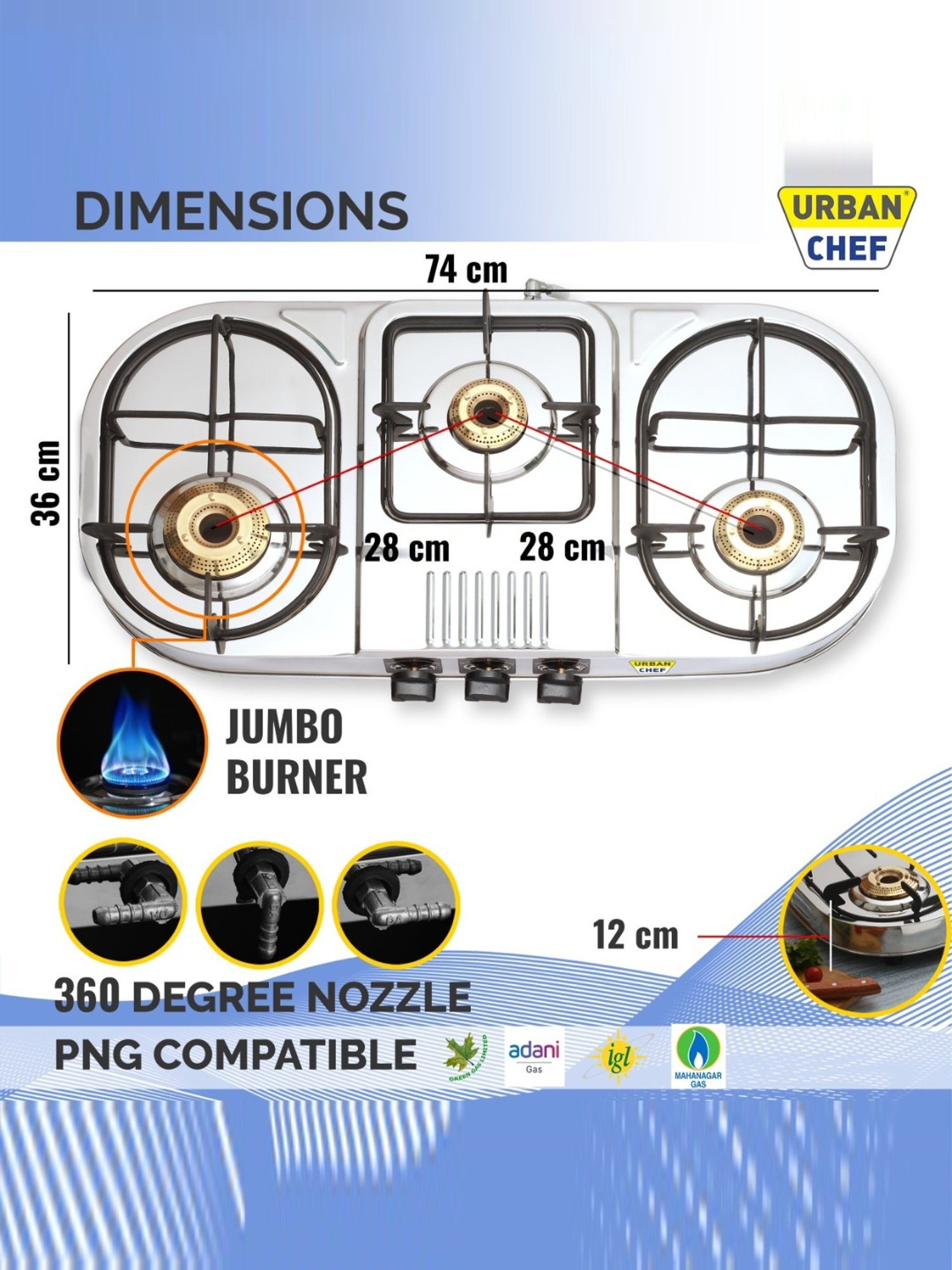 Urban Chef Gas Stove with 3 Burners ( Silver/Black )