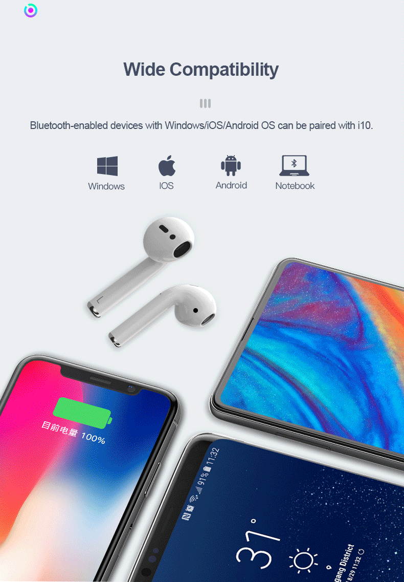 i10 TWS Bluetooth V5.0 Binaural Earbuds Stereo In-ear Earphone With Charging base- WHITE