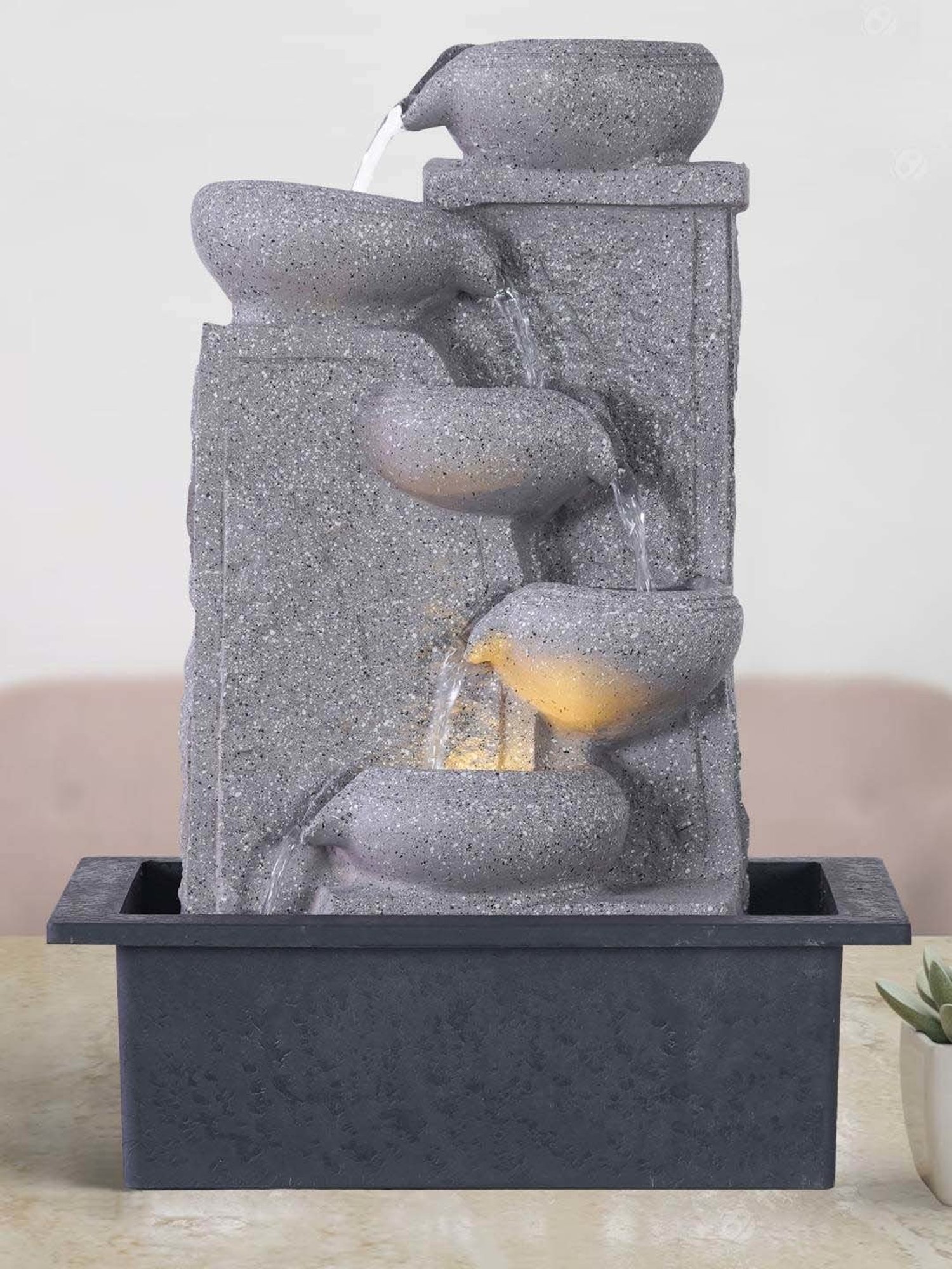 CHRONIKLE Grey Polyresin Table Top 5 Diya Steps Waterfall Fountain