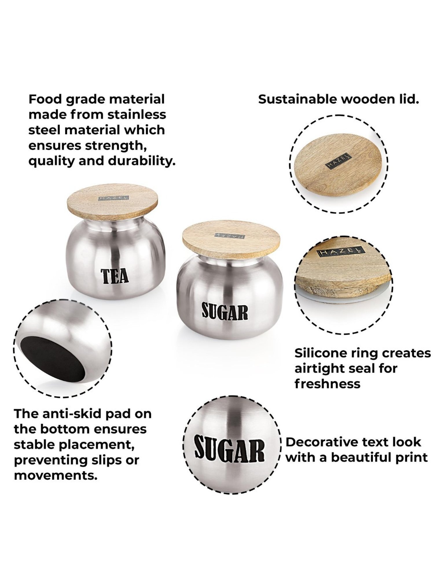 HAZEL Silver Stainless Steel Tea Sugar Containers - Set of 2