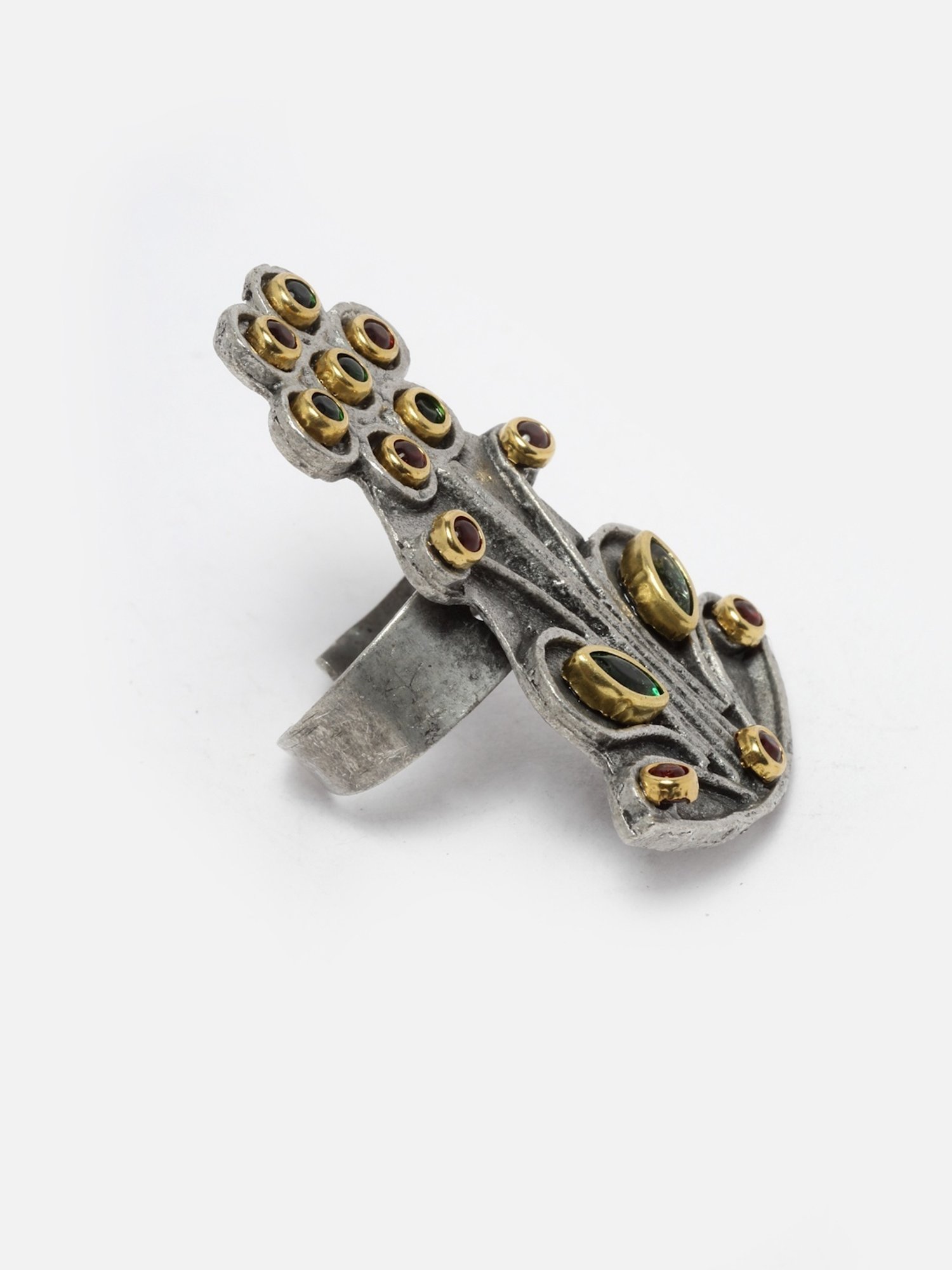 Moedbuille Handcrafted Crystals Studded Antique Tribal Design Oxidised Silver Plated Finger Ring