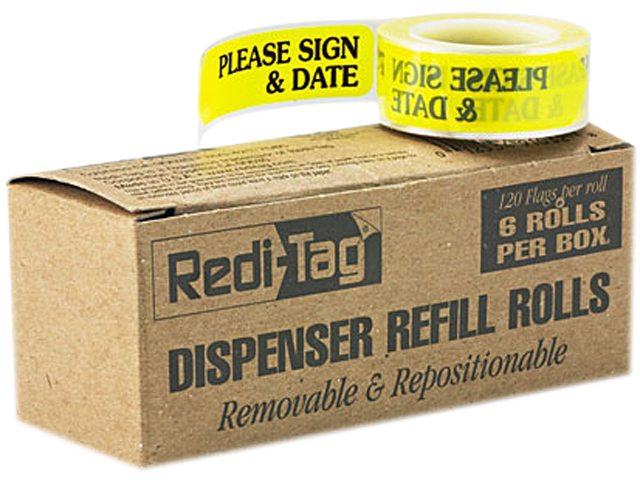 Redi-Tag 91032 Message Arrow Flag Refills, "Please Sign & Date", Yellow, 6 Rolls of 120 Flags