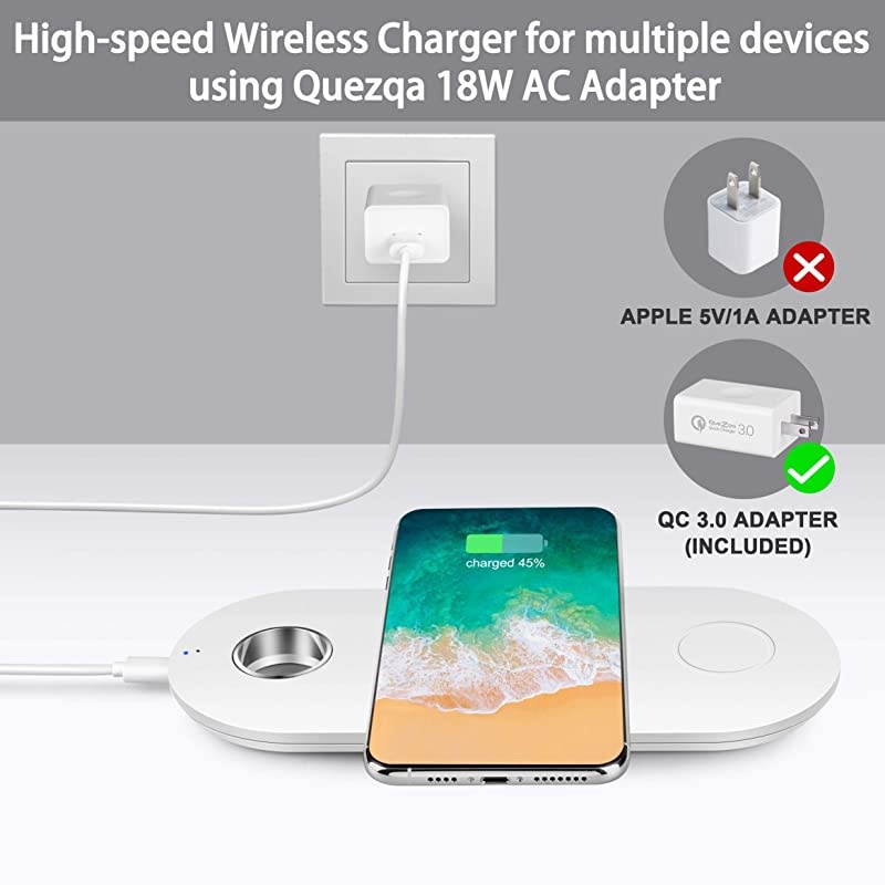 Wireless Charging Pad 3 in 1 Multiple Devices Charging Station Charging Leather Mat Compatible with Airpods Pro Apple Watch Series 5 4 3 iPhone 11 Pro Max Xs Xr with QC 30 Adapter White