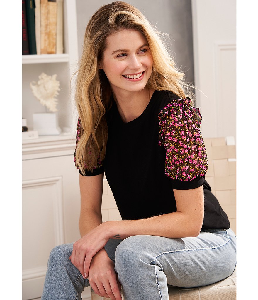 CeCe Ditsy Round Neck Floral Puff Sleeve Knit Top