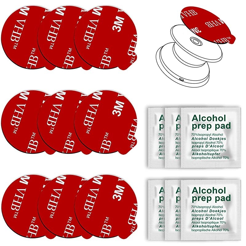 9 Pack Sticky Adhesive Compatible with Socket Base,  Double-Sided Replacement Tape for Collapsible Grip & Stand Back - 9pcs 1.4 inches(35mm) Adhesive Tapes & 6pcs Alcohol Prep Pads