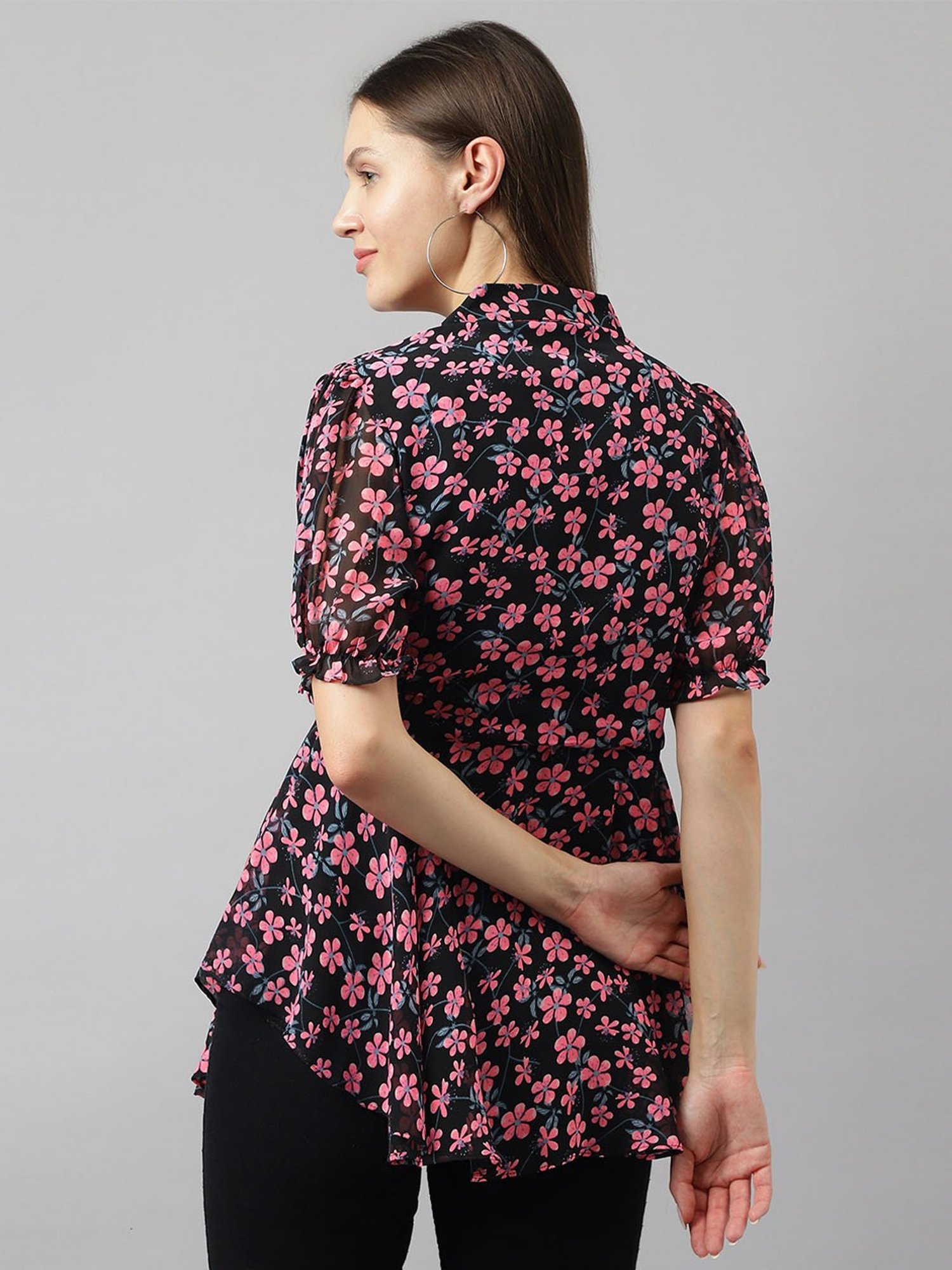 KERI PERRY Black & Pink Floral Print Top