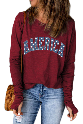 Red Starry America Print Thumbhole Long Sleeve Top