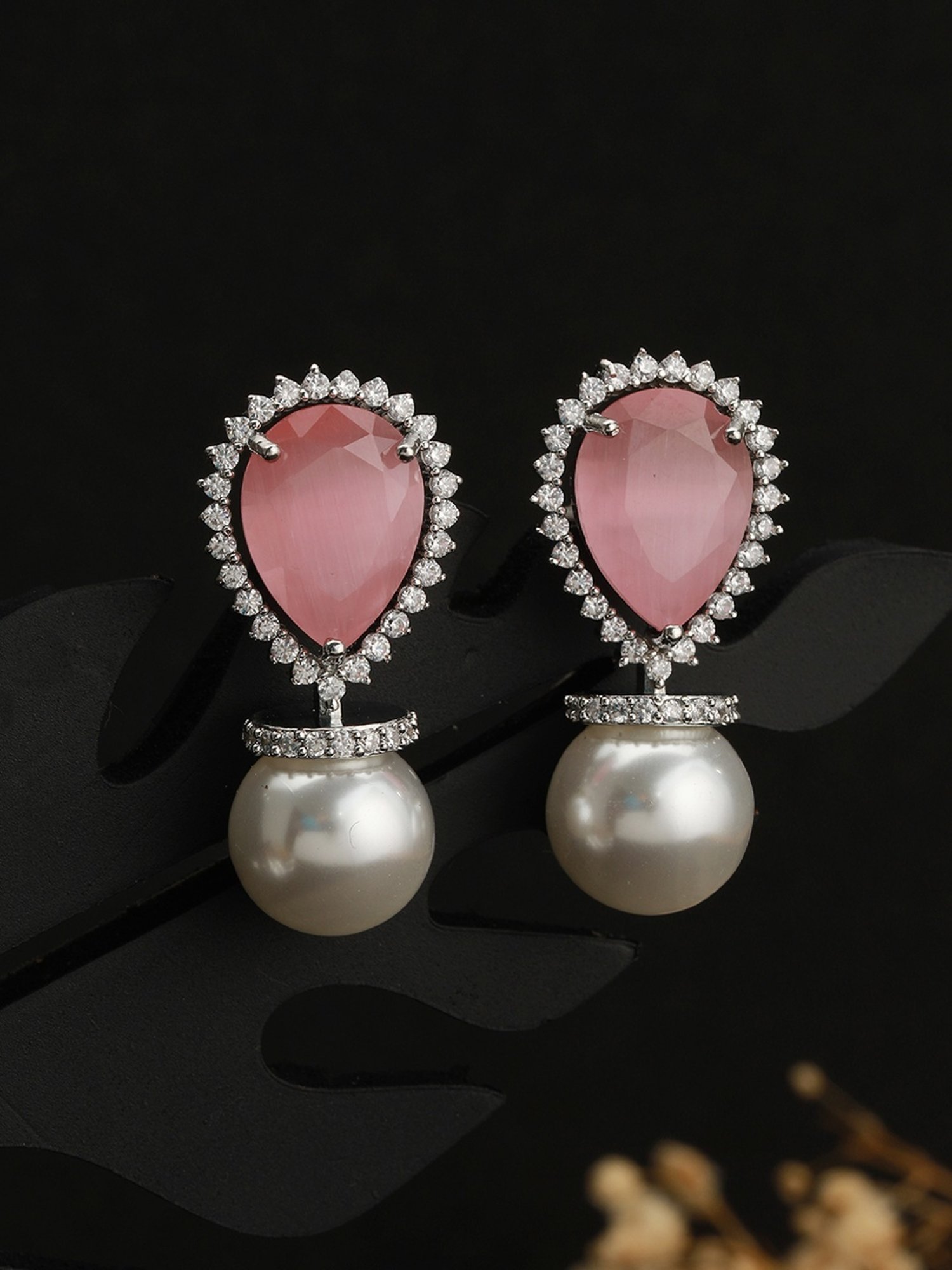 Saraf RS Jewellery White Pearl Beaded Pink AD Studded Minimal