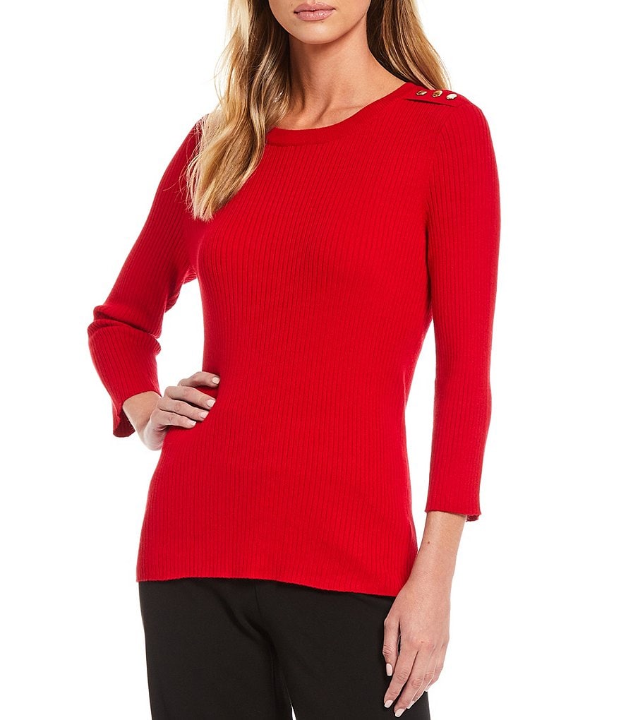 Alex Marie Rosa 3/4 Sleeve Button Front Round Neck Cardigan