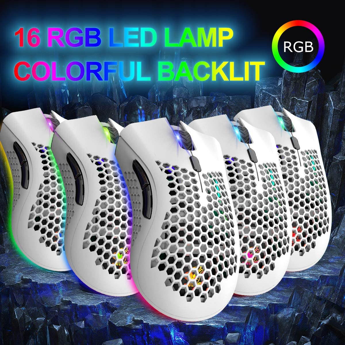 Wireless Lightweight Gaming Mouse Honeycomb with 7 Button Multi RGB Backlit Perforated Ergonomic Shell Optical Sensor Adjustable DPI Rechargeable 800 mAh Battery USB Receiver for PC Mac Gamer