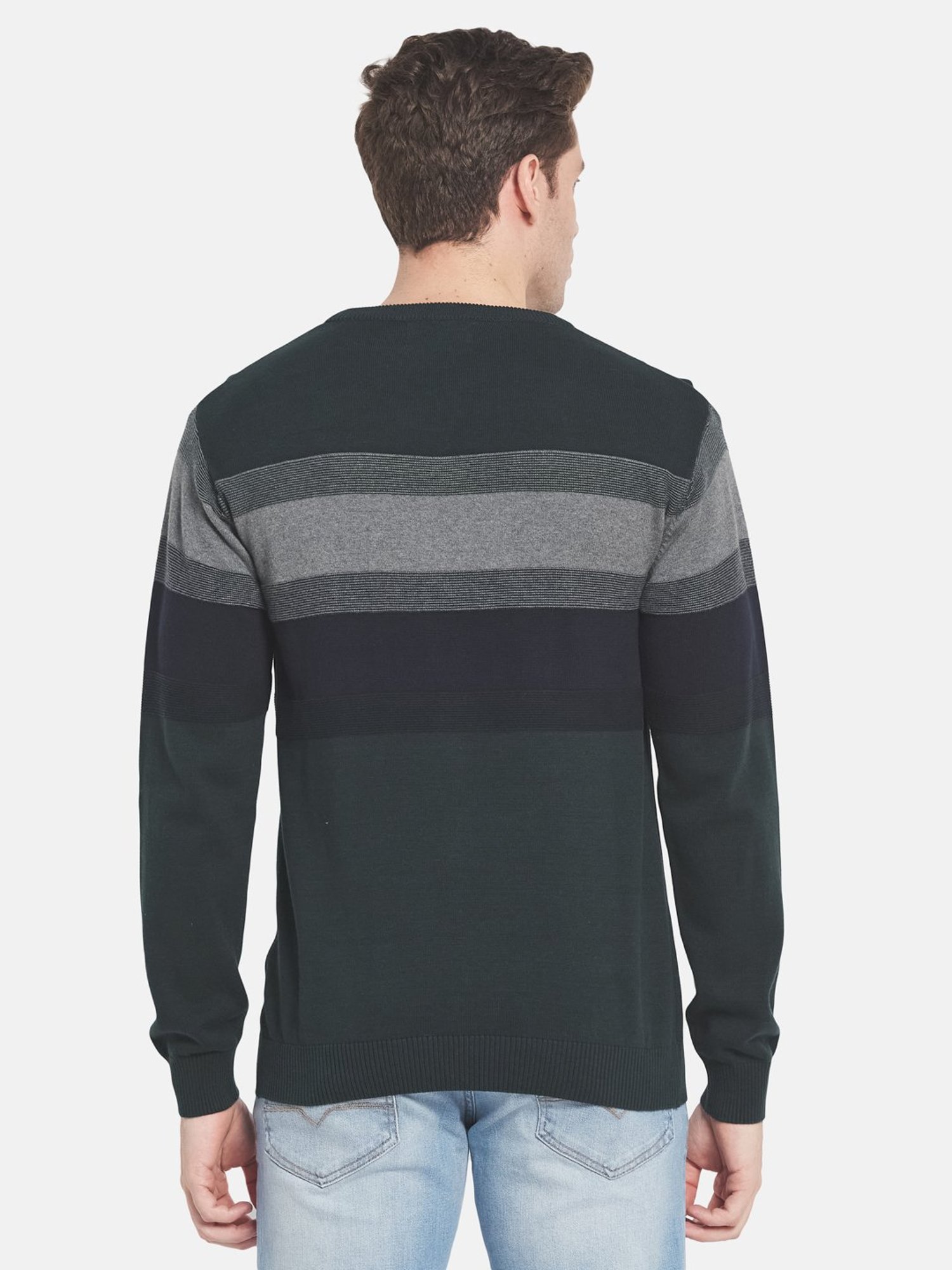 Mettle Green Cotton Regular Fit Striped Sweater