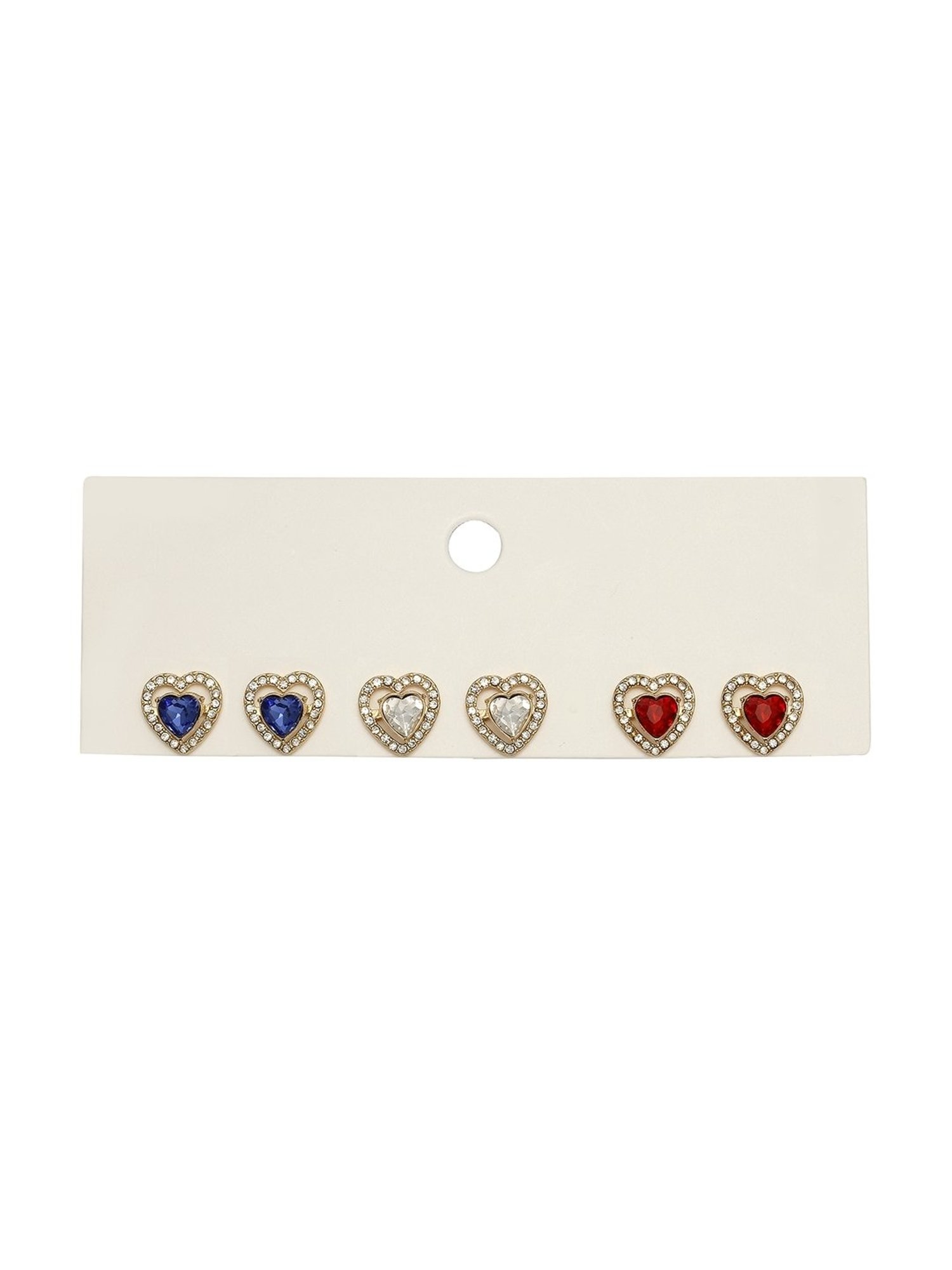 Lilly & Sparkle Gold-Toned Set of 3 Multi-Colored Stone Studded Heart Stud Earrings